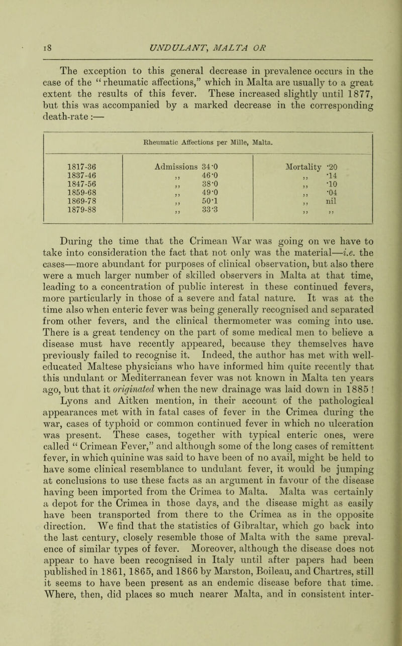 The exception to this general decrease in prevalence occurs in the case of the “ rheumatic affections,” which in Malta are usually to a great extent the results of this fever. These increased slightly until 1877, but this was accompanied by a marked decrease in the corresponding death-rate:— Rheumatic Affections per Mille, : Malta. 1817-36 Admissions 34‘0 Mortality *20 1837-46 „ 46-0 ,, -14 1847-56 ,, 38-0 „ -10 1859-68 ,, 49-0 „ *04 1869-78 „ 50-1 ,, nil 1879-88 ,, 33'3 > J ? J During the time that the Crimean War was going on we have to take into consideration the fact that not only was the material—i.e. the cases—more abundant for purposes of clinical observation, but also there were a much larger number of skilled observers in Malta at that time, leading to a concentration of public interest in these continued fevers, more particularly in those of a severe and fatal nature. It was at the time also when enteric fever was being generally recognised and separated from other fevers, and the clinical thermometer was coming into use. There is a great tendency on the part of some medical men to believe a disease must have recently appeared, because they themselves have previously failed to recognise it. Indeed, the author has met with well- educated Maltese physicians who have informed him quite recently that this undulant or Mediterranean fever was not known in Malta ten years ago, but that it originated when the new drainage was laid down in 1885 ! Lyons and Aitken mention, in their account of the pathological appearances met with in fatal cases of fever in the Crimea during the war, cases of typhoid or common continued fever in which no ulceration was present. These cases, together with typical enteric ones, were called “ Crimean Fever,” and although some of the long cases of remittent fever, in which quinine was said to have been of no avail, might be held to have some clinical resemblance to undulant fever, it would be jumping at conclusions to use these facts as an argument in favour of the disease having been imported from the Crimea to Malta. Malta was certainly a depot for the Crimea in those days, and the disease might as easily have been transported from there to the Crimea as in the opposite direction. We find that the statistics of Gibraltar, which go back into the last century, closely resemble those of Malta with the same preval- ence of similar types of fever. Moreover, although the disease does not appear to have been recognised in Italy until after papers had been published in 1861, 1865, and 1866 by Marston, Boileau, and Chartres, still it seems to have been present as an endemic disease before that time. Where, then, did places so much nearer Malta, and in consistent inter-