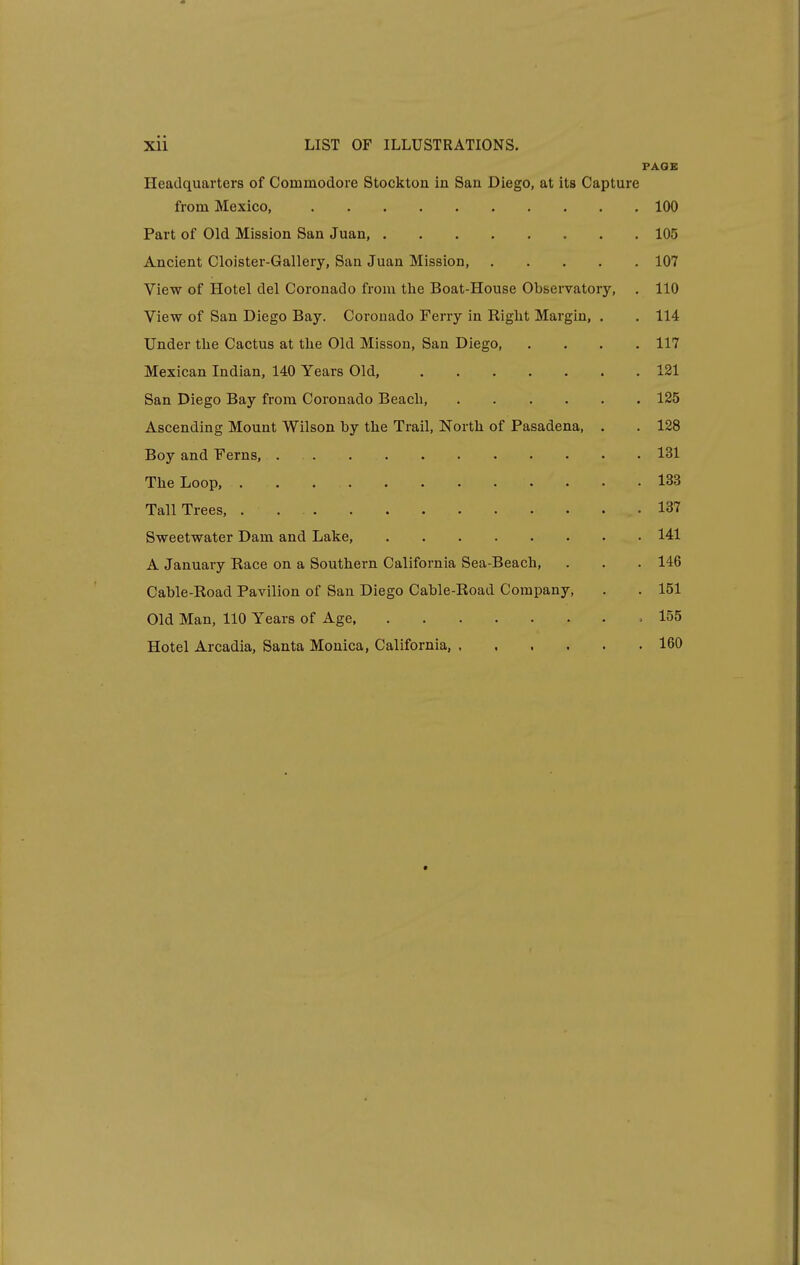 PAOB Headquarters of Commodore Stockton in San Diego, at its Capture from Mexico, 100 Part of Old Mission San Juan, 105 Ancient Cloister-Gallery, San Juan Mission, 107 View of Hotel del Coronado from the Boat-House Observatory, . 110 View of San Diego Bay. Corouado Ferry in Right Margin, . . 114 Under the Cactus at the Old Misson, San Diego, .... 117 Mexican Indian, 140 Years Old, 121 San Diego Bay from Coronado Beach, 125 Ascending Mount Wilson by the Trail, North of Pasadena, . . 128 Boy and Ferns, 131 The Loop, 133 Tall Trees, 137 Sweetwater Dam and Lake, 141 A January Race on a Southern California Sea-Beach, . . . 146 Cable-Road Pavilion of San Diego Cable-Road Company, . . 151 Old Man, 110 Years of Age .155 Hotel Arcadia, Santa Monica, California, 160
