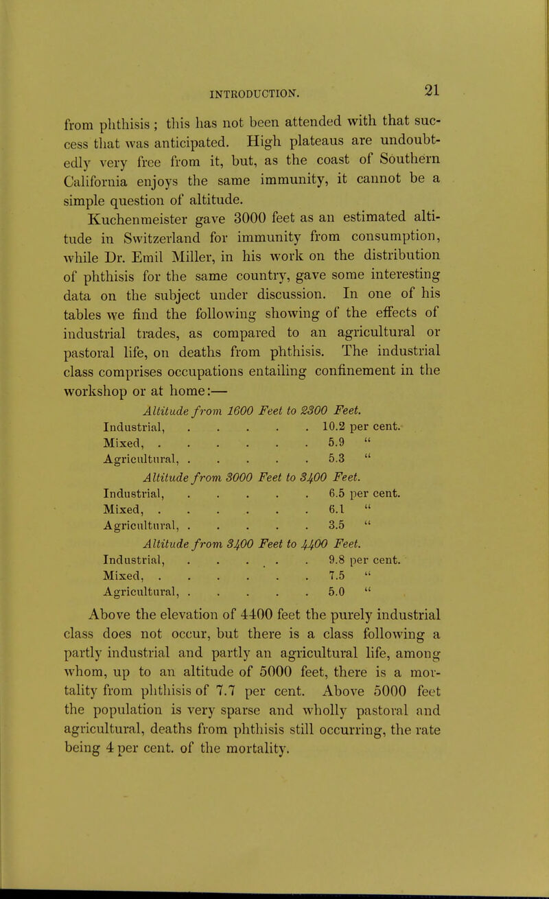 from phthisis; tliis has not been attended with that suc- cess that was anticipated. High plateaus are undoubt- edly very free from it, but, as the coast of Southern California enjoys the same immunity, it cannot be a simple question of altitude. Kuchenmeister gave 3000 feet as an estimated alti- tude in Switzerland for immunity from consumption, while Dr. Emil Miller, in his work on the distribution of phthisis for the same country, gave some interesting data on the subject under discussion. In one of his tables we find the following showing of the effects of industrial trades, as compared to an agricultural or pastoral life, on deaths from phthisis. The industrial class comprises occupations entailing confinement in the workshop or at home:— Altitude from 1600 Feet to 2300 Feet. Industrial, 10.2 per cent. Mixed, 5.9  Agricultural, . . . . . 5.3  Altitude from 3000 Feet to 3^00 Feet. Industrial, 6.5 per cent. Mixed, 6.1  Agricultural, ..... 3.5  Altitude from 3JfiO Feet to JfJfiO Feet. Industrial, . . . . .9.8 per cent. Mixed, . . . . . . 7.5  Agricultural, 5.0  Above the elevation of 4400 feet the purely industrial class does not occur, but there is a class following a partly industrial and partly an agricultural life, among whom, up to an altitude of 5000 feet, there is a mor- tality from phthisis of 7.7 per cent. Above 5000 feet the population is very sparse and wholly pastoral and agricultural, deaths from phthisis still occurring, the rate being 4 per cent, of the mortality.