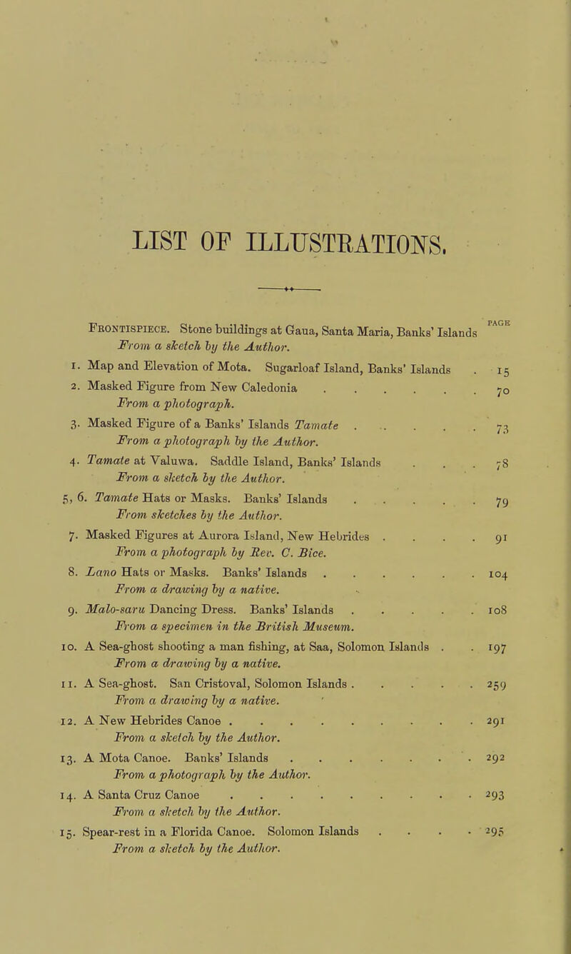 LIST OF ILLUSTRATIONS. Frontispiece. Stone buildings at Gaua, Santa Maria, Banks' Islands From a sketch by the Author. 1. Map and Elevation of Mota. Sugarloaf Island, Banks* Islands 15 2. Masked Figure from New Caledonia 70 From a photograph. 3. Masked Figure of a Banks' Islands Tamate 73 From a photograph by the Author. 4. Tamate at Valuwa. Saddle Island, Banks' Islands ... 78 From a sketch by the Author. 5, 6. Tamate Hats or Masks. Banks' Islands 79 From sketches by the Author. 7. Masked Figures at Aurora Island, New Hebrides .... 91 From a photograph by Rev. C. Bice. 8. Lano Hats or Masks. Banks' Islands 104 From a drawing by a native. 9. Malo-saru Dancing Dress. Banks' Islands . . . . .108 From a specimen in the British Museum. 10. A Sea-ghost shooting a man fishing, at Saa, Solomon Islands . . 197 From a drawing by a native. 11. A Sea-ghost. San Cristoval, Solomon Islands 259 From a drawing by a native. 12. A New Hebrides Canoe 291 From a sketch by the Author. 13. A Mota Canoe. Banks' Islands .292 From a photograph by the Author. 14. A Santa Cruz Canoe 293 From a sketch by the Author. 15. Spear-rest in a Florida Canoe. Solomon Islands . . . • »95 From a sketch by the Author.