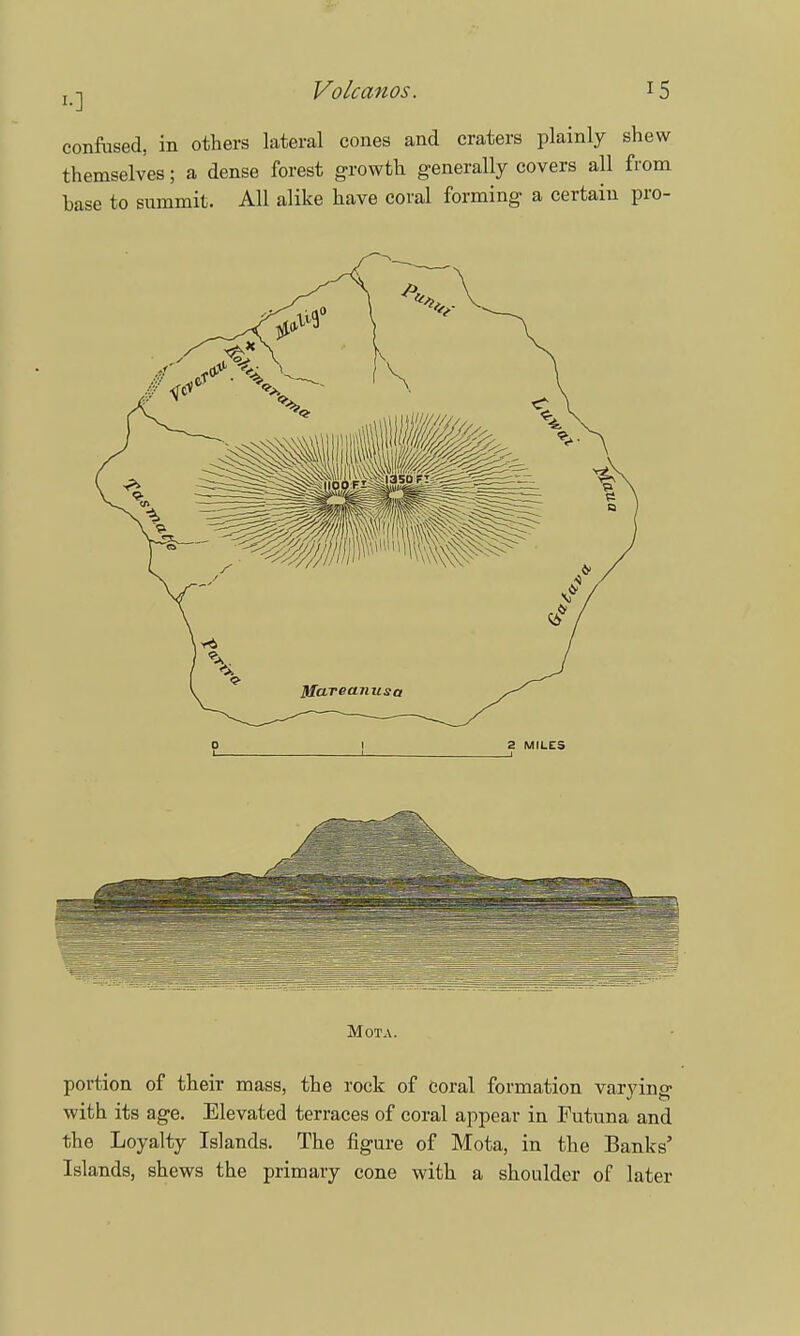 confused, in others lateral cones and craters plainly shew themselves; a dense forest growth generally covers all from base to summit. All alike have coral forming a certain pro- MOTA. portion of their mass, the rock of coral formation varying with its age. Elevated terraces of coral appear in Futuna and the Loyalty Islands. The figure of Mota, in the Banks' Islands, shews the primary cone with a shoulder of later