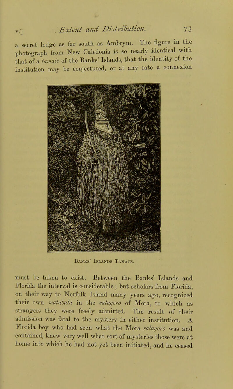 a secret lodge as far south as Ambrym. The figure in the photograph from New Caledonia is so nearly identical with that of a tamate of the Banks' Islands, that the identity of the institution may be conjectured, or at any rate a connexion must be taken to exist. Between the Banks' Islands and Florida the interval is considerable ; but scholars from Florida, on their way to Norfolk Island many years ago, recognized their own matabala in the salagoro of Mota, to which as strangers they were freely admitted. The result of their admission was fatal to the mystery in either institution. A Florida boy who had seen what the Mota salagoro was and contained, knew very well what sort of mysteries those were at home into which he had not yet been initiated, and he ceased