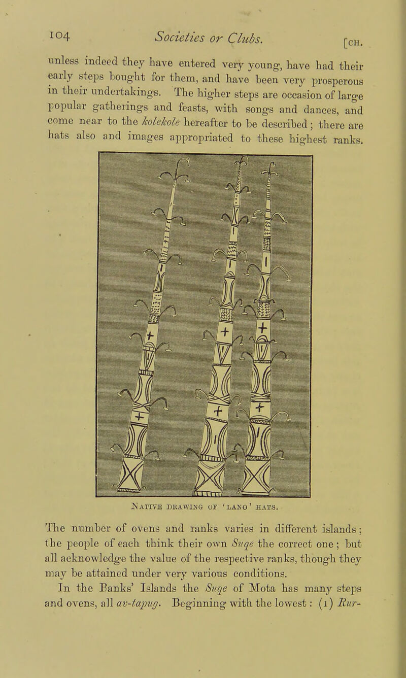 [CH. unless indeed they have entered very young, have had their early steps bought for them, and have been very prosperous in their undertakings. The higher steps are occasion of large popular gatherings and feasts, with songs and dances, and come near to the holekoU hereafter to be described; there are hats also and images appropriated to these highest ranks. Native dkawing op 'lano' hats. The number of ovens and ranks varies in different islands; the people of each think their own Svqe the correct one ; but all acknowledge the value of the resjiective ranks, though they may be attained under very various conditions. In the Banks' Islands the Suqe of Mota has many steps and ovens, all av-tapug. Beginning with the lowest: (1) Eur-
