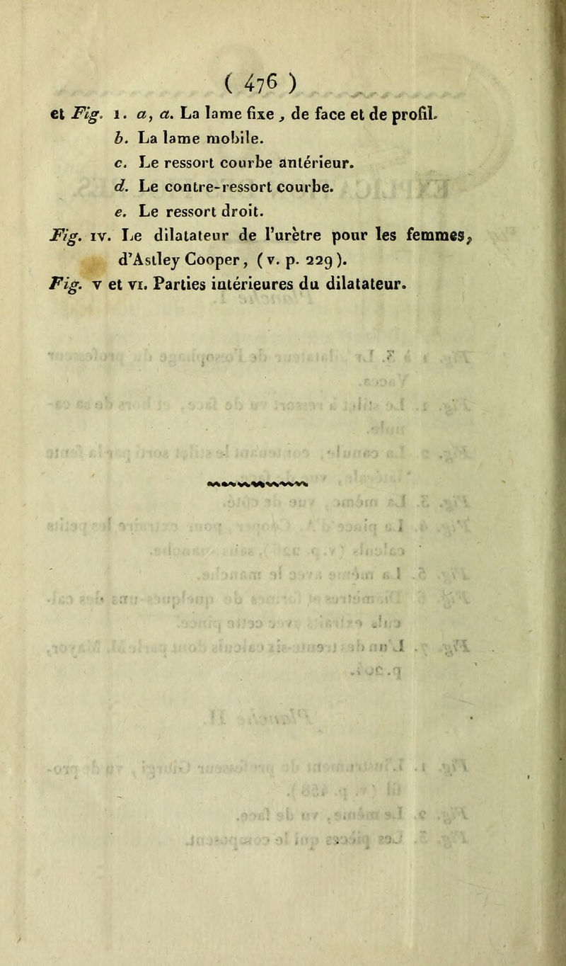 et Fig. î. a, a. La lame fixe , de face et de profil. b. La lame mobile. c. Le ressort courbe antérieur. d. Le contre-ressort courbe. e. Le ressort droit. Fig. iv. Le dilatateur de l’urètre pour les femmes; d’Astley Cooper, ( v. p. 22g ). Fig. v et vi. Parties intérieures du dilatateur. u'J ■