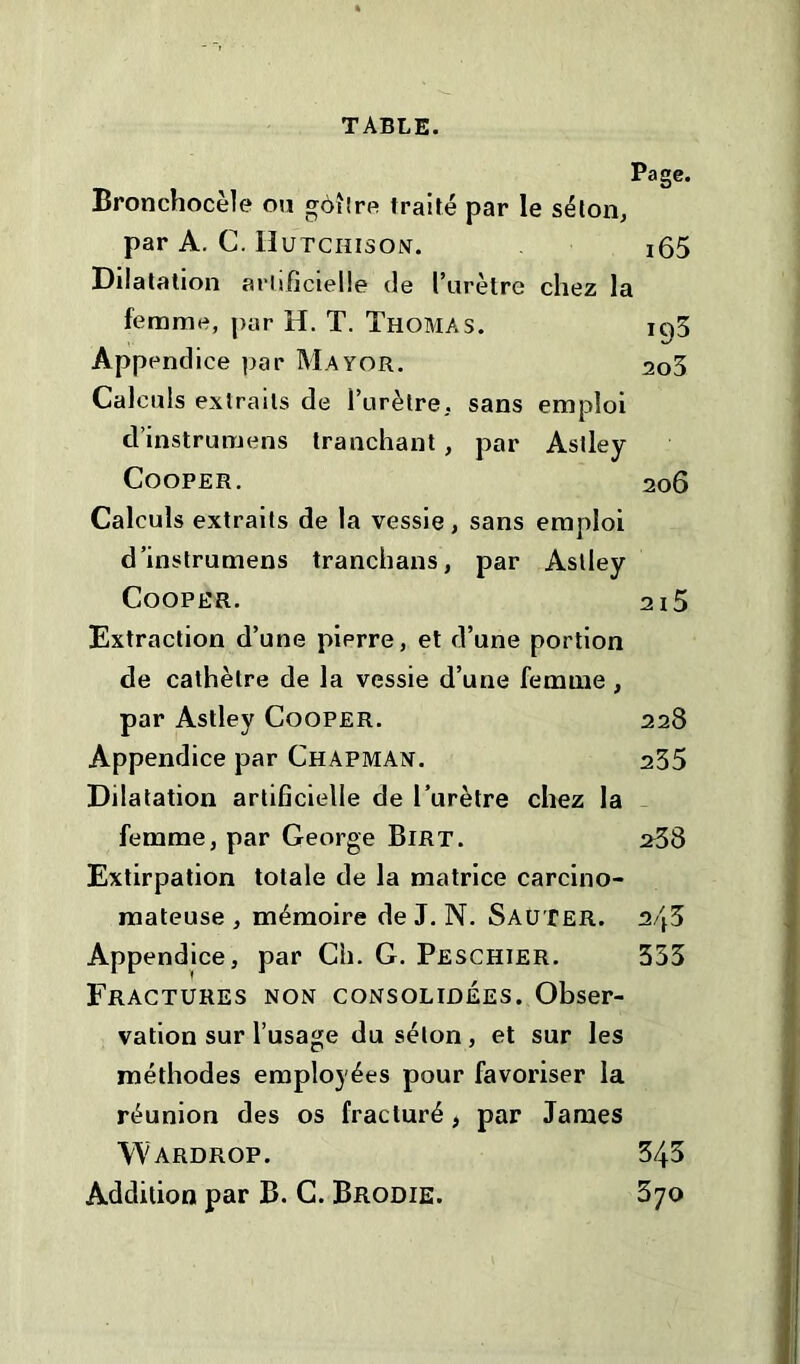 Page. Bronchocèle ou gôître traité par le séton, par A. C. Hutchison. ^5 Dilatation artificielle de l’urètre chez la femme, par H. T. Thomas. iq3 Appendice par Mayor. 2o3 Calculs extraits de l’urètre, sans emploi cl’instrumens tranchant, par Astley Cooper. 206 Calculs extraits de la vessie , sans emploi d’instrumens tranchans, par Astley Cooper. 2i5 Extraction d’une pierre, et d’une portion de cathèlre de la vessie d’une femme, par Astley Cooper. 228 Appendice par Chapman. 235 Dilatation artificielle de l’urètre chez la femme, par George Birt. 238 Extirpation totale de la matrice carcino- mateuse , mémoire de J. N. Sauter. 2^3 Appendice, par Ch. G. Peschier. 333 Fractures non consolidées. Obser- vation sur l’usage du séton, et sur les méthodes employées pour favoriser la réunion des os fracturé, par James W ARDROP. 343 Addition par B. C. Brodie. 370