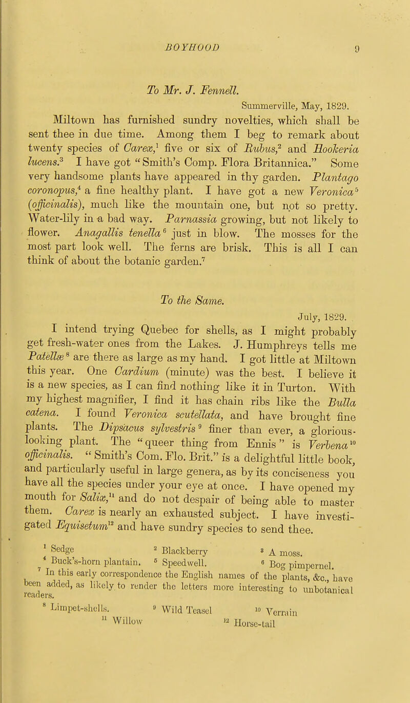 To Mr. J. Fennell. Summerville, May, 1829. Miltown has furnished sundry novelties, which shall be sent thee in due time. Among them I beg to remark about twenty species of Garex,^ five or six of Buhus,^ and EooTceria lueens.^ I have got  Smith's Comp. Flora Britannica. Some very handsome plants have appeared in thy garden. Flantago coronopus,^ a fine healthy plant. I have got a new Veronica^^ (officinalis), much like the mountain one, but not so pretty. Water-lily in a bad way. Parnassia growing, but not likely to flower. Anagallis tenella^ just in blow. The mosses for the most part look well. The ferns are brisk. This is all I can think of about the botanic garden.'' To the Same. July, 1829. I intend trying Quebec for shells, as I might probably get fresh-water ones from the Lakes. J. Humphreys tells me Patella 8 a^yg ^j^g^.^ ^^^.^^ hamd. I got little at Miltown this year. One Gardium (minute) was the best. I believe it is a new species, as I can find nothing like it in Turton. With my highest magnifier, I find it has chain ribs like the Bulla catena. I found Veronica scutellata, and have brought fine plants. The Dipsacus stjlvestris^ finer than ever, a glorious- loolving plant. The queer thing from Ennis  is Verlena' officinalis. « Smith's Com. Flo. Brit. is a delightful little book, and particularly useful in large genera, as by its conciseness you have all the species under your eye at once. I have opened my mouth for 8alix,'' and do not despair of being able to master them. Garex is nearly an exhausted subject. I have investi- gated Equisetum}^ and have sundry species to send thee. ' Sedge 2 Blackberry s A moss. Buck's-horn plantain. Speedwell. « Bog pimpernel. In this early correspondence the English names of the plants, &c have been added, as likely to render the letters more interesting to imbot^nical readers. ' Limpet-shells. » Wild Teasel w Verrain  WiUou-  Horse-tail