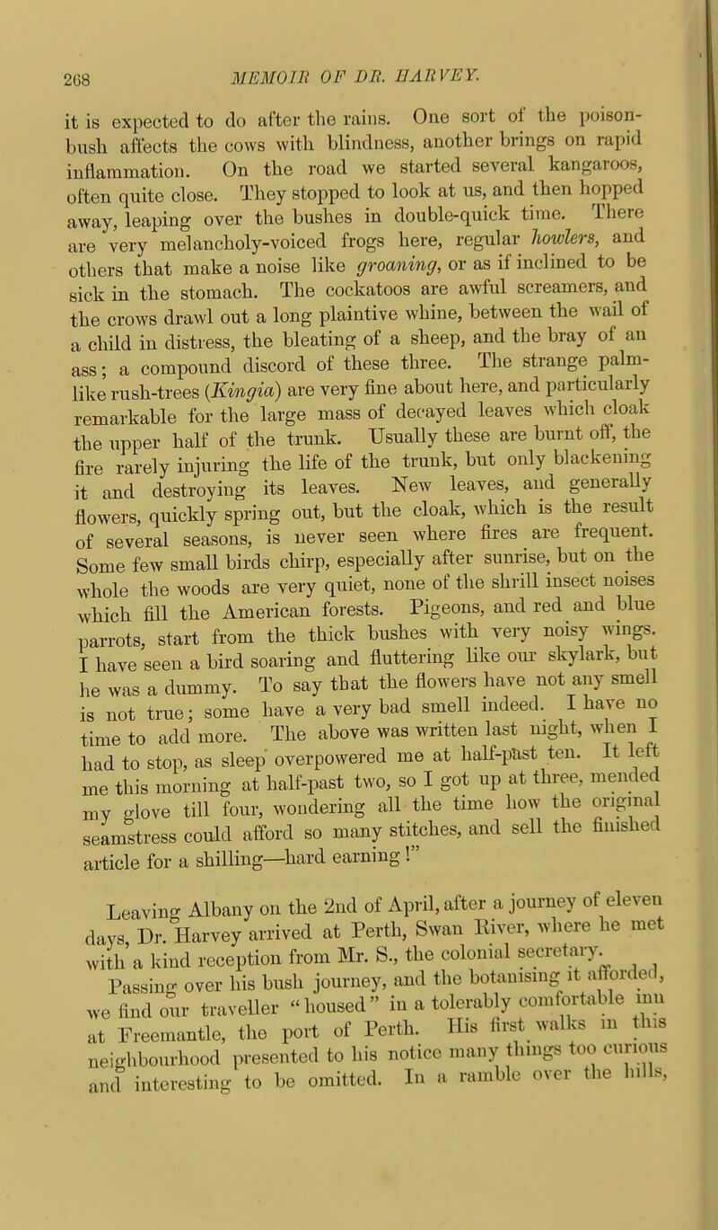 it is expected to do after the rains. One sort of the poison- bush affects the cows with blindness, another brings on rapid inflammation. On the road we started several kangaroos, often quite close. They stopped to look at us, and then hopped away, leaping over the bushes in double-quick time. There are very melancholy-voiced frogs here, regular liowlers, and others that make a noise like groaning, or as if inclined to be sick in the stomach. The cockatoos are a^vful screamers, and the crows drawl out a long plaintive whine, between the wail of a child in distress, the bleating of a sheep, and the bray of an ass; a compound discord of these three. The strange palm- like rush-trees {Kingia) are very fine about here, and particularly remarkable for the large mass of decayed leaves which cloak the upper half of the trunk. Usually these are burnt off, the fire rarely injuring the life of the trunk, but only blackennig it and destroying its leaves. New leaves, and generally flowers, quickly spring out, but the cloak, which is the result of several seasons, is never seen where fires are frequent. Some few smaU birds chirp, especially after sunrise, but on the whole the woods are very quiet, none of the shrill insect noises which fill the American forests. Pigeons, and red and blue parrots, start from the thick bushes with very noisy wings. I have seen a bird soaring and fluttering like our skylark, but he was a dummy. To say that the flowers have not any smell is not true; some have a very bad smell mdeed. I have no time to add more. The above was written last night, when 1 had to stop, as sleep overpowered me at half-pUst ten. It lett me this morning at half-past two, so I got up at three, mended my glove till four, wondering all the time how the origma seamstress could afford so many stitches, and sell the finished article for a shilling—hard earning! Leaving Albany on the 2nd of April, after a journey of eleven days, Dr. Harvey arrived at Perth, Swan Eiver, where he met with a kind reception from Mr. S., the colonial secretary^ Passing over his bush journey, and the botanising it afforded, we find our traveller housed in a tolerably comfortable mn at Freemantle, the port of Perth. His first walks m this neighbourhood presented to his notice many things too curious and interesting to be omitted. In a ramble over the hills.