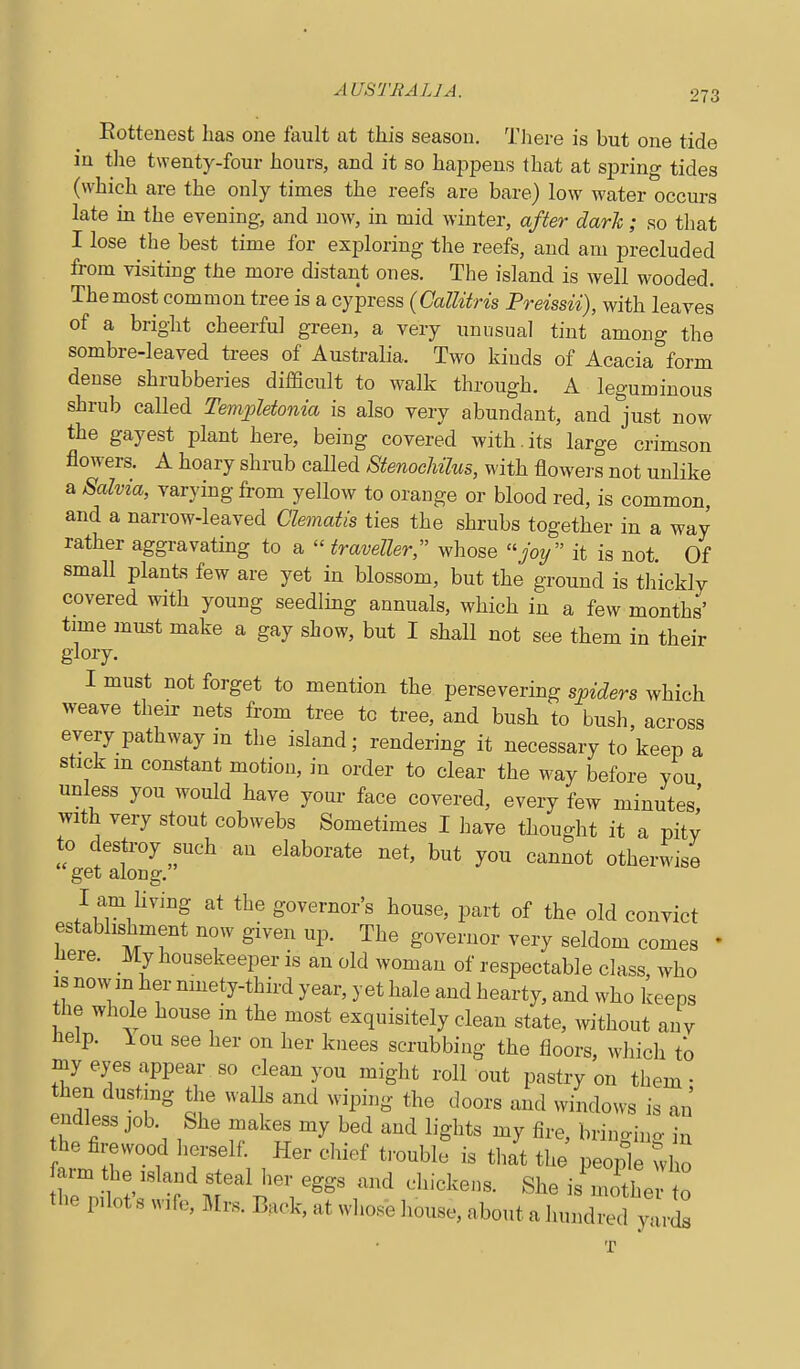 Eottenest has one fault at this season. Tliere is but one tide in tlie twenty-four hours, and it so happens that at spring tides (which are the only times the reefs are bare) low water occurs late in the evening, and now, in mid winter, after dark; so that I lose the best time for exploring the reefs, and am jDrecluded from visiting the more distant ones. The island is well wooded. The most common tree is a cypress {Callitris Preissii), with leaves of a bright cheerful green, a very unusual tint among the sombre-leaved trees of Australia. Two kinds of Acacia form dense shrubberies difficult to walk through. A leguminous shrub called Templetonia is also very abundant, and just now the gayest plant here, being covered with.its large crimson flowers. A hoary shrub called StenochUus, with flowers not unlike a Salvia, varying from yellow to orange or blood red, is common, and a narrow-leaved Clematis ties the shrubs together in a way rather aggravating to a  traveller, whose joy it is not. Of small plants few are yet in blossom, but the ground is thickly covered with young seedling annuals, which in a few months' time 2nust make a gay show, but I shall not see them in their glory. I must not forget to mention the persevering spiders which weave their nets from tree to tree, and bush to bush, across every pathway in the island; rendering it necessary to keep a stick m constant motion, in order to clear the way before you unless you would have your face covered, every few minutes,' with very stout cobwebs Sometimes I have thought it a pitv to destroy such au elaborate net, but you cannot otherwise get along. I am Hying at the governor's house, part of the old convict establishment now given up. The governor very seldom comes ' liere. My housekeeper is an old woman of respectable class, who IS now-m her mnety-third year, yet hale and hearty, and who keeps the whole house in the most exquisitely clean state, without any iielp. lou see her on her knees scrubbing the floors, which to my eyes appear so clean you might roll out pastry on them • then dusting the walls and wiping the doors and windows is an endless job. She makes my bed and lights my fire, brincino- i,, he firewood herself. Her chief trouble is that the people who the pdot s wife, Mrs. Back, at whose house, about a hundred yard^ T