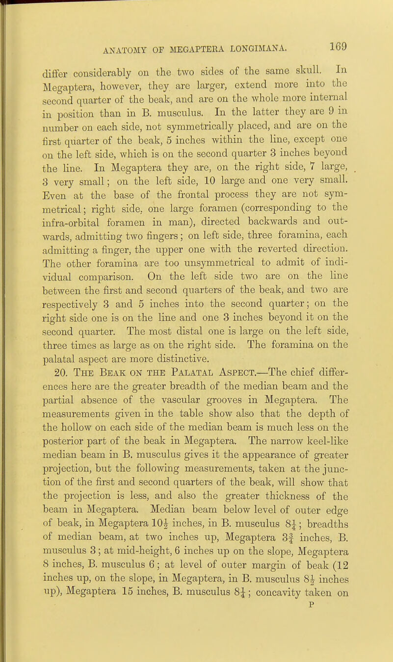 dilfer considerably on the two sides of the same skull. In Megaptera, however, they, are larger, extend more into the second quarter of the beak, and are on the whole more internal in position than in B. musculus. In the latter they are 9 in number on each side, not symmetrically placed, and are on the first quarter of the beak, 5 inches within the line, except one on the left side, which is on the second quarter 3 inches beyond the line. In Megaptera they are, on the right side, 7 large, 3 very small; on the left side, 10 large and one very small. Even at the base of the frontal process they are not sym- metrical ; right side, one large foramen (corresponding to the infra-orbital forainen in man), directed backwards and out- wards, admitting two fingers; on left side, three foramina, each admitting a finger, the upper one with the reverted direction. The other foramina are too unsymmetrical to admit of indi- vidual comparison. On the left side two are on the line between the first and second quarters of the beak, and two are respectively 3 and 5 inches into the second quarter; on the right side one is on the line and one 3 inches beyond it on the second quarter. The most distal one is large on the left side, three times as large as on the right side. The foramina on the palatal aspect are more distinctive. 20. The Beak on the Palatal Aspect.—The chief differ- ences here are the greater breadth of the median beam and the partial absence of the vascular grooves in Megaptera. The measurements given in the table show also that the depth of the hollow on each side of the median beam is much less on the posterior part of the beak in Megaptera. The narrow keel-like median beam in B. musculus gives it the appearance of greater projection, but the following measurements, taken at the junc- tion of the first and second quarters of the beak, will show that the projection is less, and also the greater thickness of the beam in Megaptera. Median beam below level of outer edge of beak, in Megaptera 10 J inches, in B. musculus 8^; breadths of median beam, at two inches up, Megaptera 3f inches, B. musculus 3 ; at mid-height, 6 inches up on the slope, Megaptera 8 inches, B. musculus 6; at level of outer margin of beak (12 inches up, on the slope, in Megaptera, in B. musculus 8i inches up), Megaptera 15 inches, B. musculus 8f; concavity taken on p