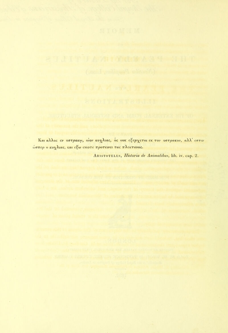 Kat aWoc, ev ocs-paKot, oiov Ko^Xiac, oi; ovk e^ep^erui e/c toc outpctKov, a\\ earn' wayrep o ko^Aihc, kcu e?w eviore irporeivei rac 7tAemravac. Akistoteles, Historia c/e Animalibus, lib. iv. cap. 2.