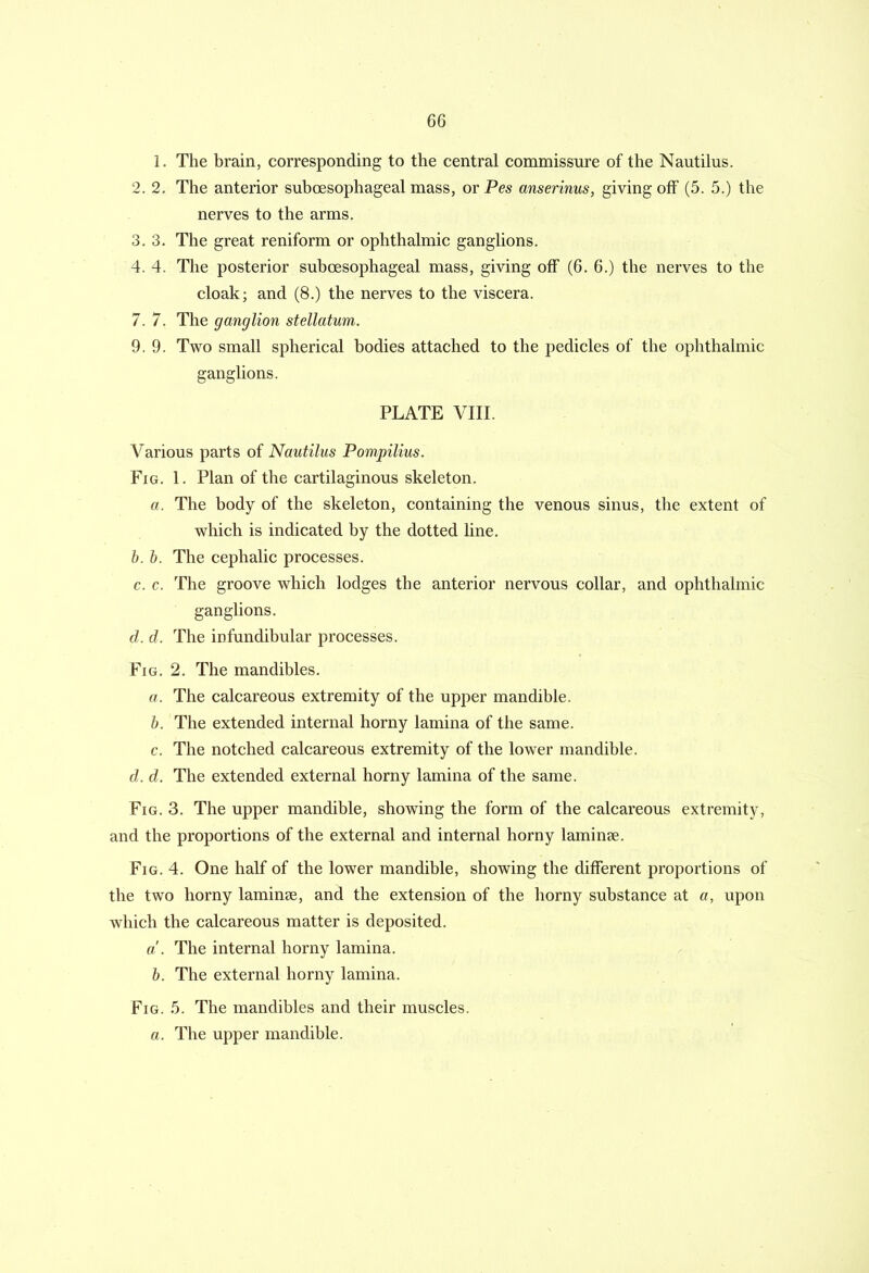 1. The brain, corresponding to the central commissure of the Nautilus. 2. 2. The anterior suboesophageal mass, or Pes anserinus, giving off (5. 5.) the nerves to the arms. 3. 3. The great reniform or ophthalmic ganglions. 4. 4. The posterior suboesophageal mass, giving off (6. 6.) the nerves to the cloak; and (8.) the nerves to the viscera. 7. 7. The ganglion stellatum. 9.9. Two small spherical bodies attached to the pedicles of the ophthalmic ganglions. PLATE VIII. Various parts of Nautilus Pompilius. Fig. 1. Plan of the cartilaginous skeleton. a. The body of the skeleton, containing the venous sinus, the extent of which is indicated by the dotted line. b. b. The cephalic processes. c. c. The groove which lodges the anterior nervous collar, and ophthalmic ganglions. d. d. The infundibular processes. Fig. 2. The mandibles. a. The calcareous extremity of the upper mandible. b. The extended internal horny lamina of the same. c. The notched calcareous extremity of the lower mandible. d. d. The extended external horny lamina of the same. Fig. 3. The upper mandible, showing the form of the calcareous extremity, and the proportions of the external and internal horny lamime. Fig. 4. One half of the lower mandible, showing the different proportions of the two horny laminae, and the extension of the horny substance at a, upon which the calcareous matter is deposited. a. The internal horny lamina. b. The external horny lamina. Fig. 5. The mandibles and their muscles. a. The upper mandible.