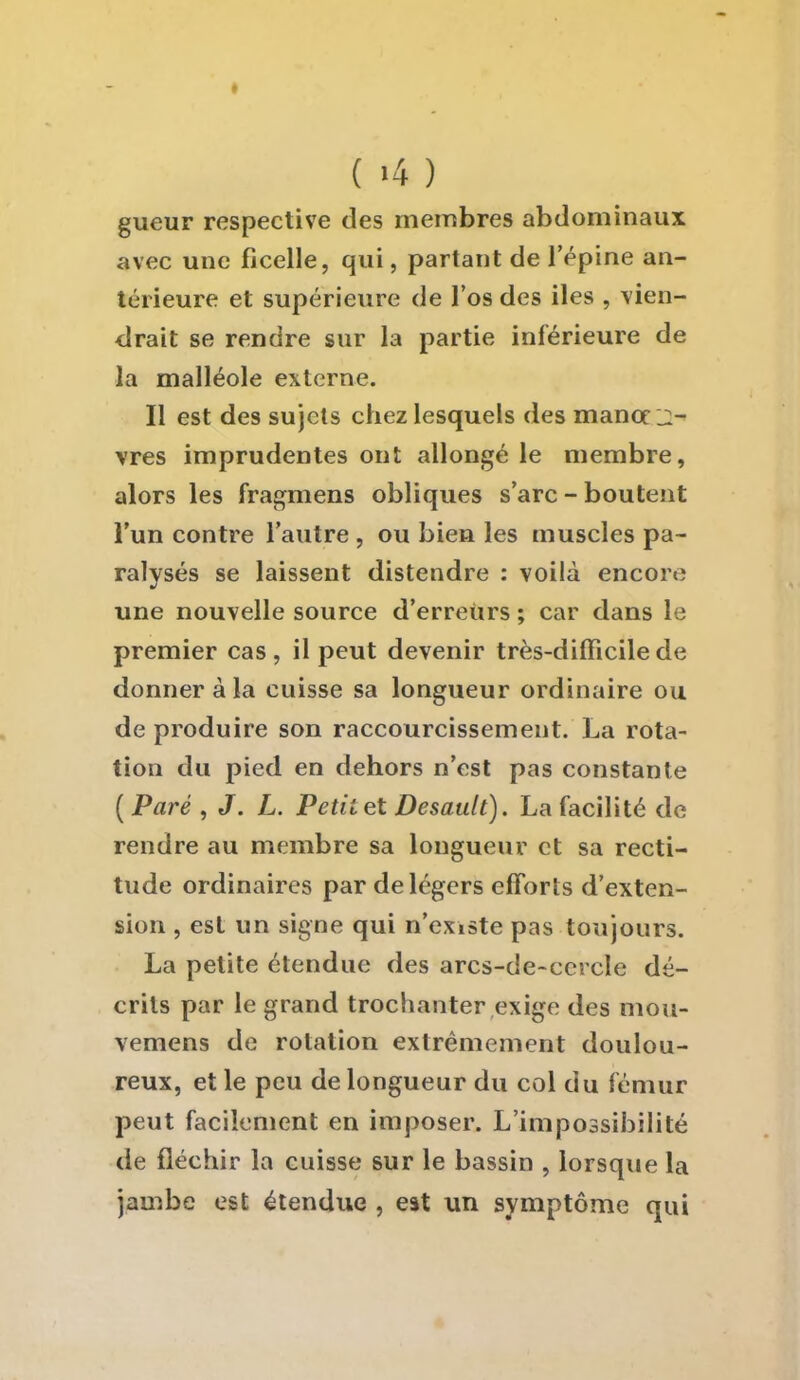 ♦ ( >4 ) gueur respective des membres abdominaux avec une ficelle, qui, partant de l'épine an- térieure et supérieure de l'os des iles , vien- drait se rendre sur la partie inférieure de la malléole externe. Il est des sujets chez lesquels des manoeu- vres imprudentes ont allongé le membre, alors les fragmens obliques s'arc - boutent l'un contre l'autre , ou bien les muscles pa- ralysés se laissent distendre : voilà encore une nouvelle source d'erreurs ; car dans le premier cas, il peut devenir très-difficile de donner à la cuisse sa longueur ordinaire ou de produire son raccourcissement. La rota- tion du pied en dehors n'est pas constante ( Paré , J. L. Petit et Desault). La facilité de rendre au membre sa longueur et sa recti- tude ordinaires par de légers efforts d'exten- sion , est un signe qui n'existe pas toujours. La petite étendue des arcs-de-cercle dé- crits par le grand trochanter exige des mou- vemens de rotation extrêmement doulou- reux, et le peu de longueur du col du fémur peut facilement en imposer. L'impossibilité de fléchir la cuisse sur le bassin , lorsque la jambe est étendue , est un symptôme qui