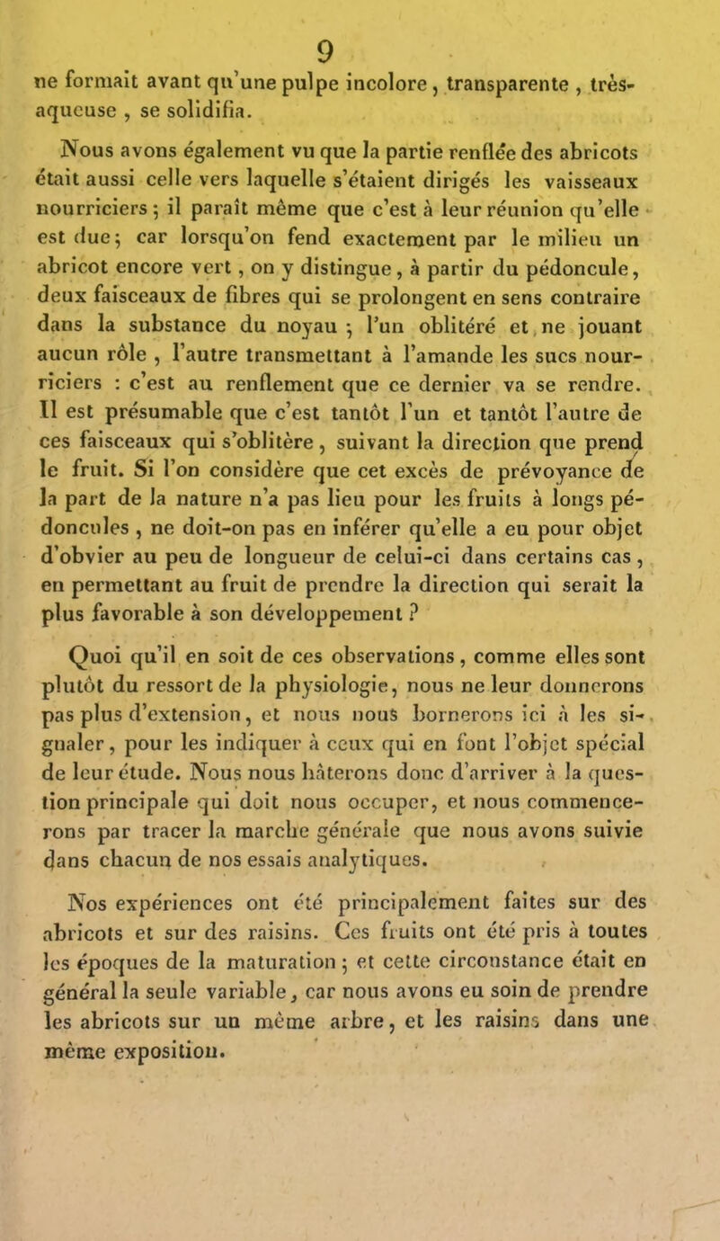 ne formait avant qu'une pulpe incolore , transparente , très- aqueuse , se solidifia. Nous avons également vu que la partie renflée des abricots était aussi celle vers laquelle s'étaient dirigés les vaisseaux nourriciers ; il paraît même que c'est à leur réunion qu'elle est due 5 car lorsqu'on fend exactement par le milieu un abricot encore vert, on y distingue, à partir du pédoncule, deux faisceaux de fibres qui se prolongent en sens contraire dans la substance du noyau -, l'un oblitéré et ne jouant aucun rôle , l'autre transmettant à l'amande les sucs nour- riciers : c'est au renflement que ce dernier va se rendre. Il est présumable que c'est tantôt l'un et tantôt l'autre de ces faisceaux qui s'oblitère , suivant la direction que prend le fruit. Si l'on considère que cet excès de prévoyance de la part de la nature n'a pas lieu pour les fruits à longs pé- doncules , ne doit-on pas en inférer qu'elle a eu pour objet d'obvier au peu de longueur de celui-ci dans certains cas, en permettant au fruit de prendre la direction qui serait la plus favorable à son développement ? Quoi qu'il en soit de ces observations, comme elles sont plutôt du ressort de la physiologie, nous ne leur donnerons pas plus d'extension, et nous nous bornerons ici à les si- gnaler, pour les indiquer à ceux qui en font l'objet spécial de leur étude. Nous nous hâterons donc d'arriver à la ques- tion principale qui doit nous occuper, et nous commence- rons par tracer la marche générale que nous avons suivie dans chacun de nos essais analytiques. Nos expériences ont été principalement faites sur des abricots et sur des raisins. Ces fruits ont été pris à toutes les époques de la maturation ; et cette circonstance était en général la seule variable, car nous avons eu soin de prendre les abricots sur un même arbre, et les raisins dans une même exposition.