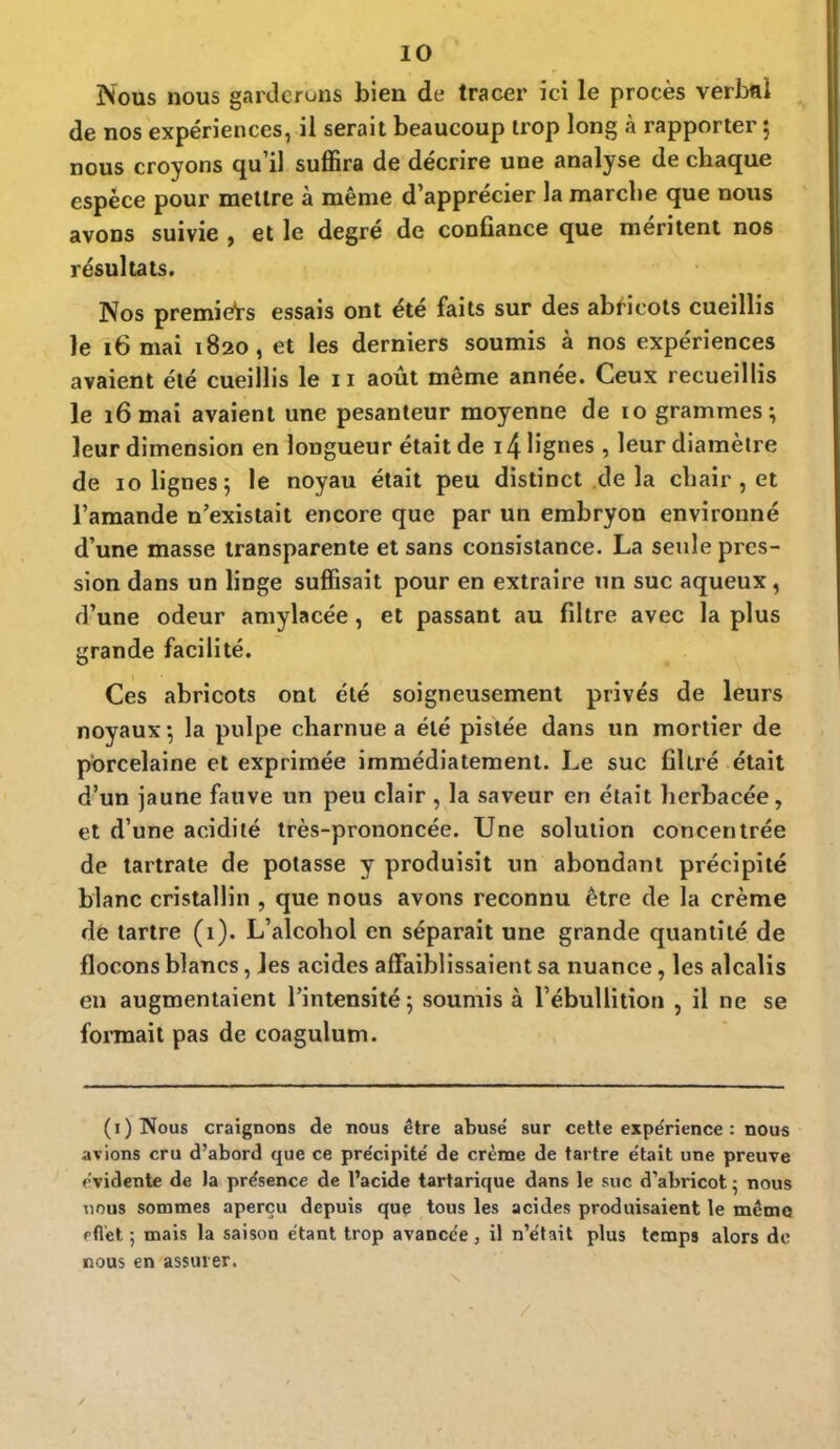 Nous nous garderons bien de tracer ici le procès verbfll de nos expériences, il serait beaucoup trop long à rapporter ; nous croyons qu'il suffira de décrire une analyse de chaque espèce pour mettre à même d'apprécier la marche que nous avons suivie , et le degré de confiance que méritent nos résultats. Nos premiers essais ont été faits sur des abricots cueillis le 16 mai 1820, et les derniers soumis à nos expériences avaient été cueillis le 11 août même année. Ceux recueillis le 16 mai avaient une pesanteur moyenne de 10 grammes; leur dimension en longueur était de 14 lignes , leur diamètre de 10 lignes; le noyau était peu distinct de la chair, et l'amande n'existait encore que par un embryon environné d'une masse transparente et sans consistance. La seule pres- sion dans un linge suffisait pour en extraire un suc aqueux, d'une odeur amylacée, et passant au filtre avec la plus grande facilité. Ces abricots ont été soigneusement privés de leurs noyaux ; la pulpe charnue a été pistée dans un mortier de porcelaine et exprimée immédiatement. Le suc filtré était d'un jaune fauve un peu clair , la saveur en était herbacée, et d'une acidité très-prononcée. Une solution concentrée de tartrate de potasse y produisit un abondant précipité blanc cristallin , que nous avons reconnu être de la crème de tartre (1). L'alcohol en séparait une grande quantité de flocons blancs, Jes acides affaiblissaient sa nuance, les alcalis en augmentaient l'intensité ; soumis à l'ébullition , il ne se formait pas de coagulum. (i)Nous craignons de nous être abusé sur cette expérience : nous avions cru d'abord que ce pre'cipite' de crème de tartre e'tait une preuve évidente de la présence de l'acide tartarique dans le suc d'abricot • nous nous sommes aperçu depuis que tous les acides produisaient le mémo f fl'et ; mais la saison étant trop avancée , il n'était plus temps alors de nous en assurer.