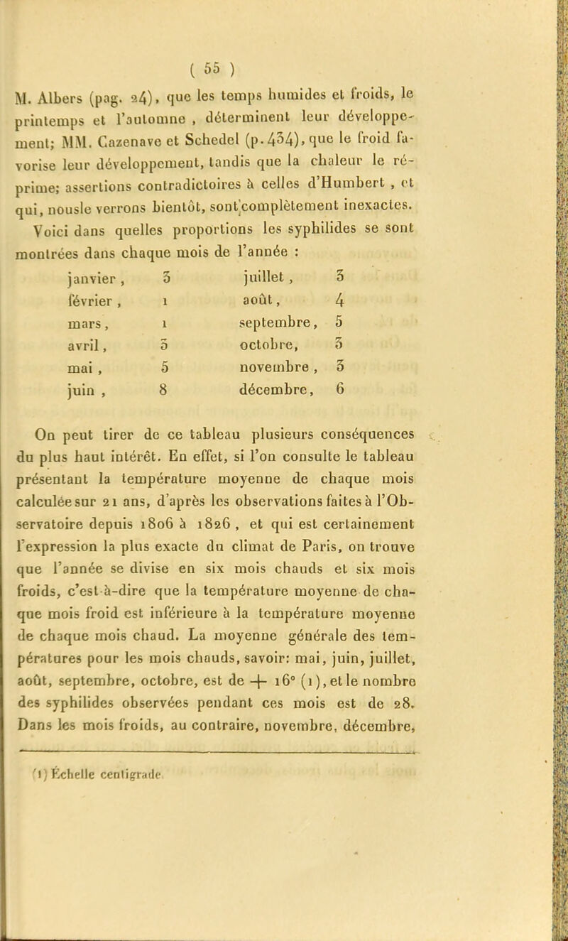 M. Albers (pag. 24), que les temps humides el froids, le printemps et l'automne , déterminent leur développe- ment; MM. Cazenave et Schedel (p.434), que le froid fa- vorise leur développement, tandis que la chaleur le ré- prime; assertions contradictoires à celles d'Humbert , et qui, nousle verrons bientôt, sont complètement inexactes. Voici dans quelles proportions les syphilides se sont montrées dans chaque mois de l'année : janvier , 3 juillet, 3 février , 1 août, 4 mars, 1 septembre, 5 avril, 3 octobre, 3 mai , 5 novembre , 3 juin , 8 décembre. 6 On peut tirer de ce tableau plusieurs conséquences du plus haut intérêt. En effet, si l'on consulte le tableau présentant la température moyenne de chaque mois calculée sur 21 ans, d'après les observations faites à l'Ob- servatoire depuis 1806 à 1826 , et qui est certainement l'expression la plus exacte du climat de Paris, on trouve que l'année se divise en six mois chauds et six mois froids, c'est-à-dire que la température moyenne de cha- que mois froid est inférieure à la température moyenne de chaque mois chaud. La moyenne générale des tem- pératures pour les mois chauds, savoir: mai, juin, juillet, août, septembre, octobre, est de -f- 16° (1 ), et le nombre des syphilides observées pendant ces mois est de 28. Dans les mois froids, au contraire, novembre, décembre, '1} Échelle centigrade