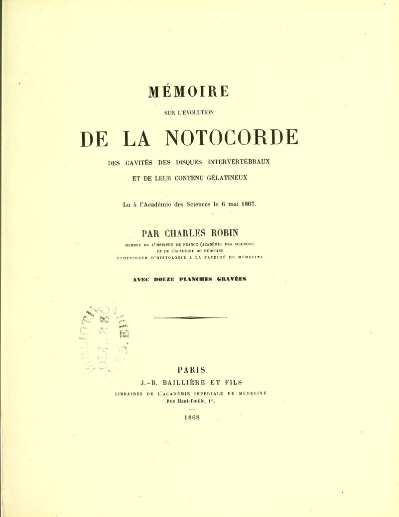 MEMOIRE SUR L'ÉVOLUTION LA NOTOCORDE DES CAVITÉS DES DISQUES INTERVERTÉBRAUX ET DE LEUR CONTENU GÉLATINEUX Lu à l'Académie des Sciences le 6 mai 1867. PAR CHARLES ROBIN MFMBRE DE I.'lNSTlTDT DE FRANCE (ACADÉMIE DES SCIENCES) ET DE L'ACADÉMIE DE MÉDECINE PROFESSEUR D'HISTOLOGIE A LA FACULTÉ DE MÉDECINE AVEC DOUZE PLAIWCHES GRAVÉES PARIS J.-B. BAILLIÈRE ET FILS LIBRAIRES DE l'aCADÉMIE IMPÉRIALE DE MÉDECINE Rue Hautofeuille, l'\ 1868