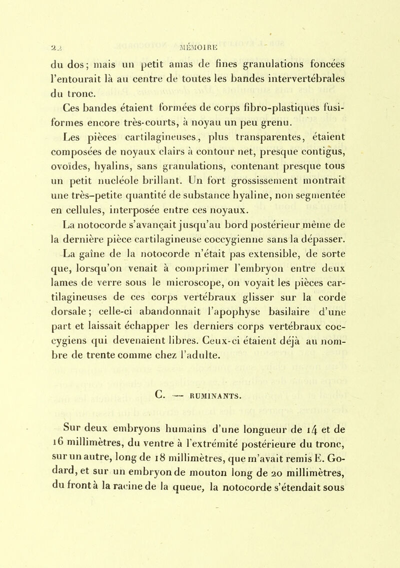 du dos; mais un petit amas de fines granulations foncées l'entourait là au centre de toutes les bandes intervertébrales du tronc. Ces bandes étaient formées de corps fîbro-plastiques fusi- formes encore très-courts, à noyau un peu grenu. Les pièces cartilagineuses, plus transparentes, étaient composées de noyaux clairs à contour net, presque contigus, ovoides, hyalins, sans granulations, contenant presque tous un petit nucléole brillant. Un fort grossissement montrait une très-petite quantité de substance hyaline, non segmentée en cellules, interposée entre ces noyaux. La notocorde s'avançait jusqu'au bord postérieur même de la dernière pièce cartilagineuse coccygienne sans la dépasser. La gaine de la notocorde n'était pas extensible, de sorte que, lorsqu'on venait à comprimer l'embryon entre deux lames de verre sous le microscope, on voyait les pièces car- tilagineuses de ces corps vertébraux glisser sur la corde dorsale ; celle-ci abandonnait l'apophyse basilaire d'une part et laissait échapper les derniers corps vertébraux coc- cygiens qui devenaient libres. Ceux-ci étaient déjà au nom- bre de trente comme chez l'adulte. C. RUMINANTS. Sur deux embryons humains d'une longueur de i4 et de 16 millimètres, du ventre à l'extrémité postérieure du tronc, sur un autre, long de 18 millimètres, que m'avait remis E. Go- dard, et sur un embryon de mouton long de 20 millimètres, du front à la racine de la queue, la notocorde s'étendait sous