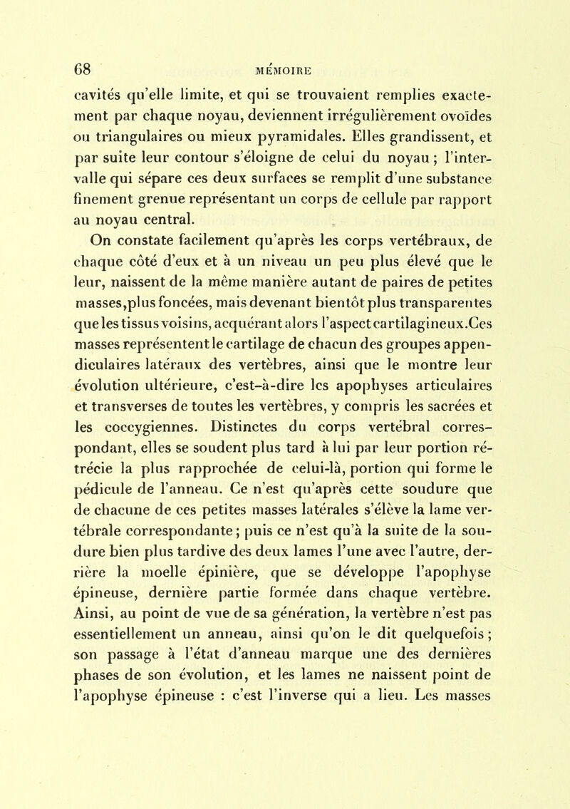 cavités qu'elle limite, et qui se trouvaient remplies exacte- ment par chaque noyau, deviennent irrégulièrement ovoïdes ou triangulaires ou mieux pyramidales. Elles grandissent, et par suite leur contour s'éloigne de celui du noyau ; l'inter- valle qui sépare ces deux surfaces se remplit d'une substance finement grenue représentant un corps de cellule par rapport au noyau central. On constate facilement qu'après les corps vertébraux, de chaque côté d'eux et à un niveau un peu plus élevé que le leur, naissent de la même manière autant de paires de petites masses,plus foncées, mais devenant bientôt plus transparentes que les tissus voisins, acquérant alors l'aspect cartilagineux.Ces masses représentent le cartilage de chacun des groupes appen- diculaires latéraux des vertèbres, ainsi que le montre leur évolution ultérieure, c'est-à-dire les apophyses articulaires et transverses de toutes les vertèbres, y compris les sacrées et les coccygiennes. Distinctes du corps vertébral corres- pondant, elles se soudent plus tard à lui par leur portion ré- trécie la plus rapprochée de celui-là, portion qui forme le pédicule de l'anneau. Ce n'est qu'après cette soudure que de chacune de ces petites masses latérales s'élève la lame ver- tébrale correspondante ; puis ce n'est qu'à la suite de la sou- dure bien plus tardive des deux lames l'une avec l'autre, der- rière la moelle épinière, que se développe l'apophyse épineuse, dernière partie formée dans chaque vertèbre. Ainsi, au point de vue de sa génération, la vertèbre n'est pas essentiellement un anneau, ainsi qu'on le dit quelquefois; son passage à l'état d'anneau marque une des dernières phases de son évolution, et les lames ne naissent point de l'apophyse épineuse : c'est l'inverse qui a lieu. Les masses