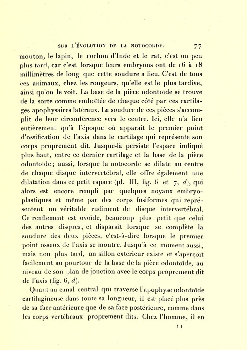 mouton, le lapin, le cochon d'Inde et le rat, c'est un peu plus tard, car c'est lorsque leurs embryons ont de 16 à 18 millimètres de long cpie cette soudure a lieu. C'est de tous ces animaux, chez les rongeurs, qu'elle est le plus tardive, ainsi qu'on le voit. La base de la pièce odontoide se trouve de la sorte comme emboîtée de chaque côté par ces cartila- ges apophysaires latéraux. Fia soudure de ces pièces s'accom- plit de leur circonférence vers le centre. Ici, elle n'a lieu entièrement qu'à l'époque oii apparaît le premier point d'ossification de l'axis dans le cartilage qui représente son corps proprement dit. Jusque-là persiste l'esjjace indiqué plus haut, entre ce dernier cartilage et la base de la pièce odontoide; aussi, lorsque la notocorde se dilate au centre de chaque disque intervertébral, elle offre également une dilatation dans ce petit espace (pl. 111, fig. 6 et 7, d), qui alors est encore rempli par quelques noyaux embryo- plastiques et même par des corps fusiformes qui repré- sentent un véritable rudiment de disque intervertébral. Ce renflement est ovoïde, beaucoup plus petit que celui des autres disques, et disparaît lorsque se complète la soudure des deux pièces, c'est-à-dire lorsque le premier point osseux de l'axis se montre. Jusqu'à ce moment aussi, mais non pins tard, un sillon extérieur existe et s'aperçoit facilement au pourtour de la base de la pièce odontoide, au niveau de son plan de jonction avec le corps proprement dit de Taxis (fig. 6, d). Quant au canal central qui traverse l'apophyse odontoide cartilagineuse dans toute sa longueur, il est placé plus près de sa face antérieure que de sa face postérieure, comme dans les corps vertébraux proprement dits. Chez l'homme, il en