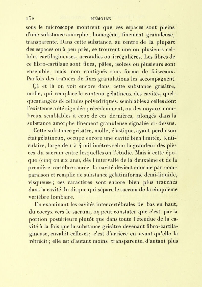 SOUS le microscope montrent que ces espaces sont pleins d'une substance amorphe, homogène, finement granuleuse, transparente. Dans cette substance, au centre de la plupart des espaces ou à peu près, se trouvent une ou plusieurs cel- lules cartilagineuses, arrondies ou irrégulières. Les fibres de ce fibro-cartilage sont fines, pâles, isolées ou plusieurs sont ensemble, mais non contiguës sous forme de faisceaux. Parfois des traînées de fines granulations les accompagnent. Çà et là on voit encore dans cette substance grisâtre, molle, qui remplace le contenu gélatineux des cavités, quel- ques rangées de cellules polyédriques, semblables à celles dont l'existence a été signalée précédemment, ou des noyaux nom- breux semblables à ceux de ces dernières, plongés dans la substance amorphe finement granuleuse signalée ci-dessus. Cette substance grisâtre, molle, élastique, ayant perdu son état gélatineux, occupe encore une cavité bien limitée, lenti- culaire, large de i à 4 millimètres selon la grandeur des piè- ces du sacrum entre lesquelles on l'étudié. Mais à cette épo- que (cinq ou six ans), dès l'intervalle de la deuxième et de la première vertèbre sacrée, la cavité devient énorme par com- paraison et remplie de substance gélatiniforme demi-liquide, visqueuse; ces caractères sont encore bien plus tranchés dans la cavité du disque qui sépare le sacrum de la cinquième vertèbre lombaire. En examinant les cavités intervertébrales de bas en haut, du coccyx vers le sacrum, ori peut constater que c'est par la portion postérieure plutôt que dans toute l'étendue de la ca- vité à la fois que la substance grisâtre devenant fibro-cartila- gineuse, envahit celle-ci ; c'est d'arrière en avant qu'elle la rétrécit ; elle est d'autant moins transparente, d'autant plus