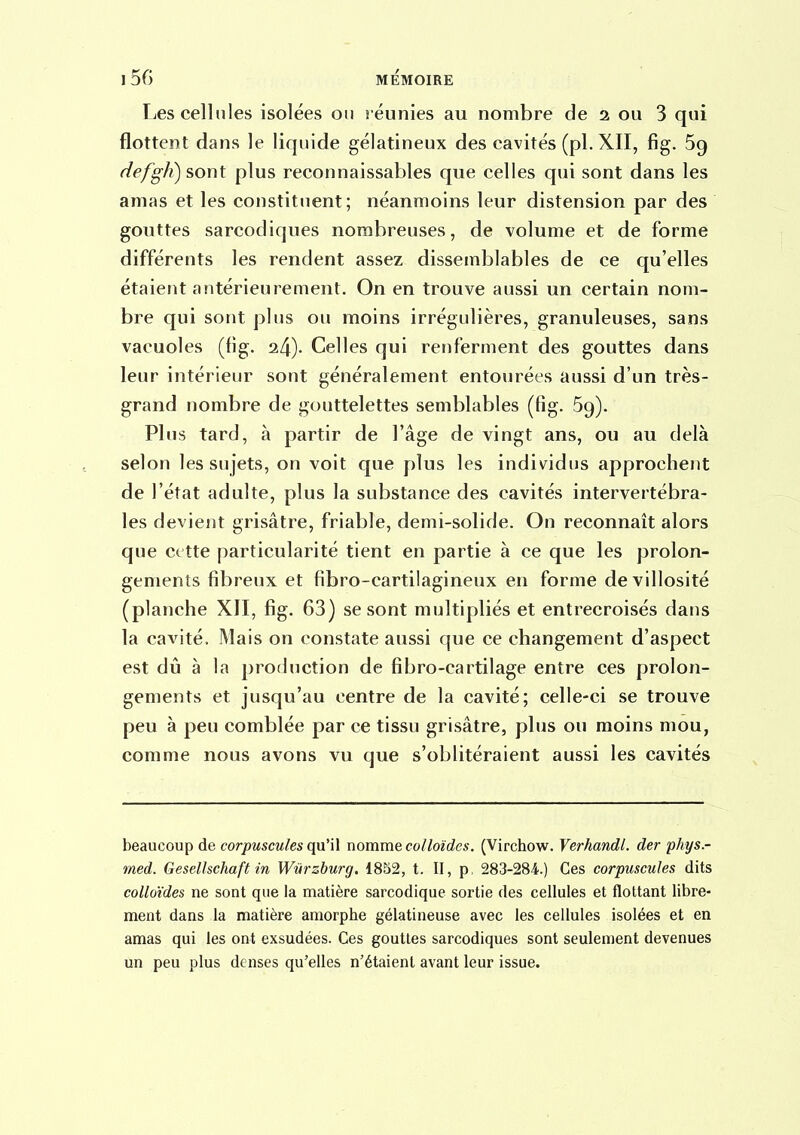 Les cellules isolées ou î éunies au nombre de 2 ou 3 qui flottent dans le liquide gélatineux des cavités (pl. XII, fig. defgh) sont plus reconnaissables que celles qui sont dans les amas et les constituent; néanmoins leur distension par des gouttes sarcodiques nombreuses, de volume et de forme différents les rendent assez dissemblables de ce qu'elles étaient antérieurement. On en trouve aussi un certain nom- bre qui sont plus ou moins irrégulières, granuleuses, sans vacuoles (fig, 2^). Celles qui renferment des gouttes dans leur intérieur sont généralement entourées aussi d'un très- grand nombre de gouttelettes semblables (fig. 59). Plus tard, à partir de l'âge de vingt ans, ou au delà selon les sujets, on voit que plus les individus approchent de l'état adulte, plus la substance des cavités intervertébra- les devient grisâtre, friable, demi-solide. On reconnaît alors que cette particularité tient en partie à ce que les prolon- gements fibreux et fibro-cartilagineux en forme devillosité (planche XII, fig. 63) se sont multipliés et entrecroisés dans la cavité. Mais on constate aussi que ce changement d'aspect est dû à la production de fibro-cartilage entre ces prolon- gements et jusqu'au centre de la cavité; celle-ci se trouve peu à peu comblée par ce tissu grisâtre, plus ou moins mou, comme nous avons vu que s'oblitéraient aussi les cavités beaucoup de corjoMscM/es qu'il nomme colloïde s. (Virchow. Verhandl. der phys.- med. Gesellschaft in Wiirzburg. 1852, t. II, p. 283-284.) Ces corpuscules dits colloïdes ne sont que la matière sarcodique sortie des cellules et flottant libre- ment dans la matière amorphe gélatineuse avec les cellules isolées et en amas qui les ont exsudées. Ces gouttes sarcodiques sont seulement devenues un peu plus denses qu'elles n'étaient avant leur issue.