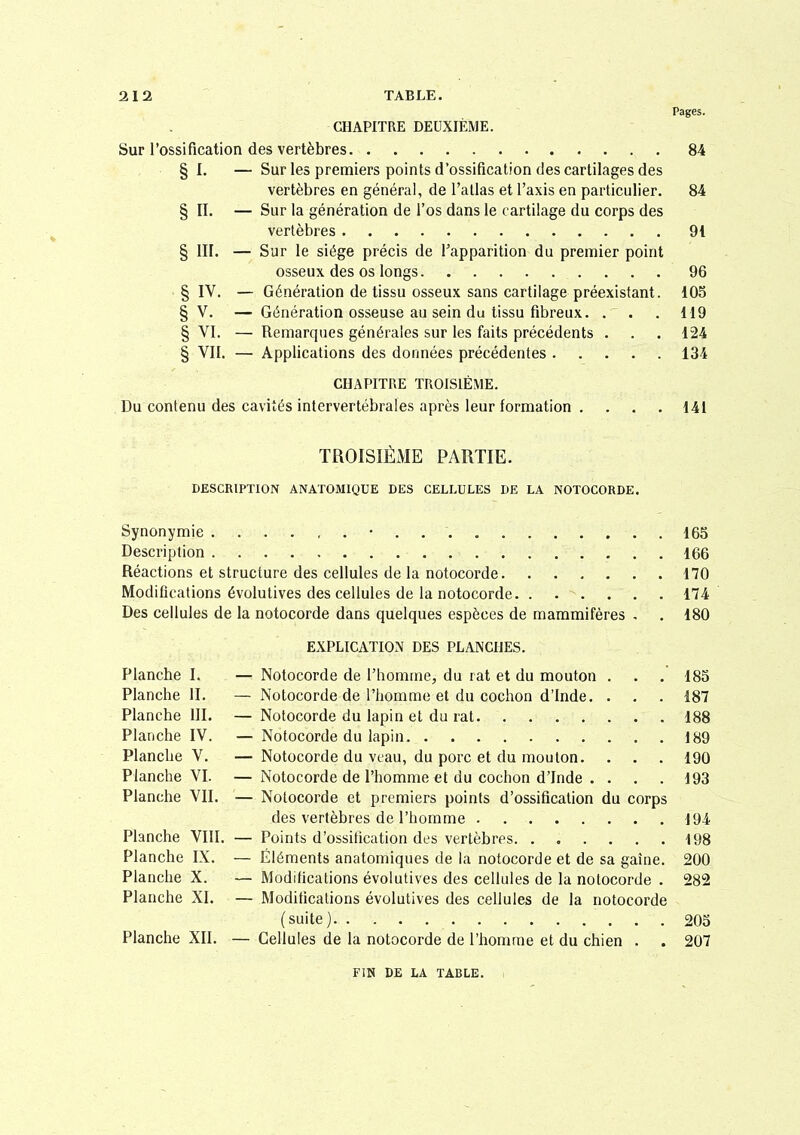 Pages. CHAPITRE DEUXIÈME. Sur l'ossification des vertèbres 84 §1. — Sur les premiers points d'ossification des cartilages des vertèbres en général, de l'atlas et l'axis en particulier. 84 § II. — Sur la génération de l'os dans le cartilage du corps des vertèbres 9i § III. — Sur le siège précis de l'apparition du premier point osseux des os longs 96 § IV. — Génération de tissu osseux sans cartilage préexistant. 105 § V. — Génération osseuse au sein du tissu fibreux. . . 119 § VI. — Remarques générales sur les faits précédents . . . 124 § VII. — Applications des données précédentes 134 CHAPITRE TROISIÈME. Du contenu des cavités intervertébrales après leur formation .... 141 TROISIÈME PARTIE. DESCRIPTION ANATOMIQUE DES CELLULES DE LA NOTOCORDE. Synonymie • . 165 Description 166 Réactions et structure des cellules de la notocorde 170 Modifications évolutives des cellules de la notocorde 174 Des cellules de la notocorde dans quelques espèces de mammifères . . 180 EXPLICATION DES PLANCHES. Planche I. — Notocorde de l'homme, du rat et du mouton . . . 185 Planche II. — Notocorde de l'homme et du cochon d'Inde. . . . 187 Planche III. — Notocorde du lapin et du rat 188 Planche IV. — Notocorde du lapin 189 Planche V. — Notocorde du veau, du porc et du mouton. . . . 190 Planche VI. — Notocorde de l'homme et du cochon d'Inde . . . . 193 Planche VII. — Notocorde et premiers points d'ossification du corps des vertèbres de l'homme 194 Planche VIII. — Points d'ossification des vertèbres 198 Planche IX. — Éléments anatomiques de la notocorde et de sa gaîne. 200 Planche X. — Modifications évolutives des cellules de la notocorde . 282 Planche XI. — Modifications évolutives des cellules de la notocorde (suite) 205 Planche XII. — Cellules de la notocorde de l'homme et du chien . . 207 FIN DE LA TABLE.