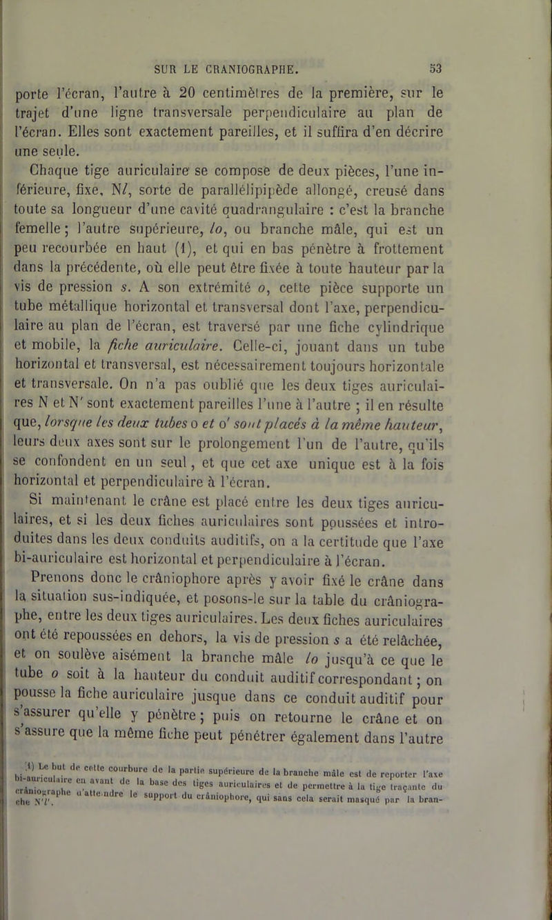 porte l’écran, l’autre à 20 centimètres de la première, sur le trajet d’une ligne transversale perpendiculaire au plan de l’écran. Elles sont exactement pareilles, et il suffira d’en décrire une seule. Chaque tige auriculaire se compose de deux pièces, l’une in- férieure, fixe, N/, sorte de parallélipipède allongé, creusé dans toute sa longueur d’une cavité quadrangulaire : c’est la branche femelle; l’autre supérieure,/;?, ou branche mâle, qui est un peu recourbée en haut (1), et qui en bas pénètre à frottement dans la précédente, où elle peut être fixée à toute hauteur par la vis de pression s. A son extrémité o, cette pièce supporte un tube métallique horizontal et transversal dont l’axe, perpendicu- laire au plan de l’écran, est traversé par une fiche cylindrique et mobile, la fiche auriculaire. Celle-ci, jouant dans un tube horizontal et transversal, est nécessairement toujours horizontale et transversale. On n’a pas oublié que les deux tiges auriculai- res N et N' sont exactement pareilles l’une à l’autre ; il en résulte que, lorsque les deux tubes o et o' sont placés à la même hauteur, leurs deux axes sont sur le prolongement l’un de l’autre, qu’ils se confondent en un seul, et que cet axe unique est à la fois horizontal et perpendiculaire à l’écran. Si maintenant le crâne est placé entre les deux tiges auricu- laires, et si les deux fiches auriculaires sont poussées et intro- duites dans les deux conduits auditifs, on a la certitude que l’axe bi-auriculaire est horizontal et perpendiculaire à l’écran. Prenons donc le crâniophore après y avoir fixé le crâne dans la situation sus-indiquée, et posons-le sur la table du crâniogra- phe, enti e les deux tiges auriculaires. Les deux fiches auriculaires ont été repoussées en dehors, la vis de pression s a été relâchée, et on soulève aisément la branche mâle lo jusqu’à ce que le tube o soit à la hauteur du conduit auditif correspondant ; on pousse la fiche auriculaire jusque dans ce conduit auditif pour s assurer qu elle y pénètre ; puis on retourne le crâne et on s assoie que la même fiche peut pénétrer également dans l’autre t) U but de celte courbure de la partie supérieure de la branche mâle est de reporter l'axe b -am.cubMre en avant de la base des tiges auriculaires et de permettre à la tige traçante du crta.«graphe «attendre le support du crâniophore, qui sans cela serait masqué par la bran-