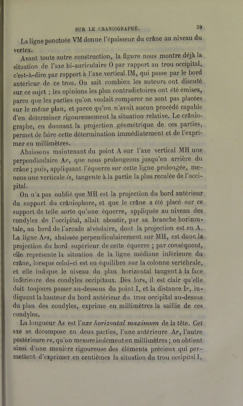 La ligne ponctuée VM donne l’épaisseur du crâne au niveau du vertex. Avant toute autre construction, la figure nous montre déjà la situation de l’axe bi-auriculaire O par rapport au trou occipital, c’est-à-dire par rapport à l’axe vertical IM, qui passe par le bord antérieur de ce trou. On sait combien les auteurs ont discuté sur ce sujet ; les opinions les plus contradictoires ont été émises, parce que les parties qu’on voulait comparer ne sont pas placées sur le môme plan, et parce qu’on n avait aucun procédé capable d’en déterminer rigoureusement la situation relative. Le crânio- graphe, en donnant la projection géométrique de ces parties, permet de faire cette détermination immédiatement et de l’expri- mer en millimètres. Abaissons maintenant du point A sur l’axe vertical MH une perpendiculaire Ar, que nous prolongeons jusqu’en arrière du crâne ; [mis, appliquant l’équerre sur cette ligne prolongée, me- nons une verticale /s, tangente à la partie la plus reculée de 1 occi- pital. On n’a pas oublié que MH est la projection du bord antérieur du support du crâniophore, et que le crâne a été placé sur ce support de telle sorte qu’une équerre, appliquée au niveau des condyles de l’occipital, allait aboutir, par sa branche horizon- tale, au bord de l’arcade alvéolaire, dont la projection est en A. La ligne Ars, abaissée perpendiculairement sur MH, est donc la projection du bord supérieur de cette équerre ; par conséquent, elle représente la situation de la ligne médiane inférieure du crâne, lorsque celui-ci est en équilibre sur la colonne vertébrale, et elle indique le niveau du plan horizontal tangent à la face inférieure des condyles occipitaux. Dès lors, il est clair qu’elle doit toujours passer au-dessous du point I, et la distance I?’, in- diquant la hauteur du bord antérieur du trou occipital au-dessus du plan des condyles, exprime en millimètres la saillie de ces condyles. La longueur As est Yaxe horizontal maximum de la tête. Cet axe se décompose en deux parties, l’une antérieure Ar, l’autre postérieure rs, qu’on mesure isolément en millimètres; on obtient ainsi d’une manière rigoureuse des éléments précieux qui per- mettent d’exprimer en centièmes la situation du trou occipital!,