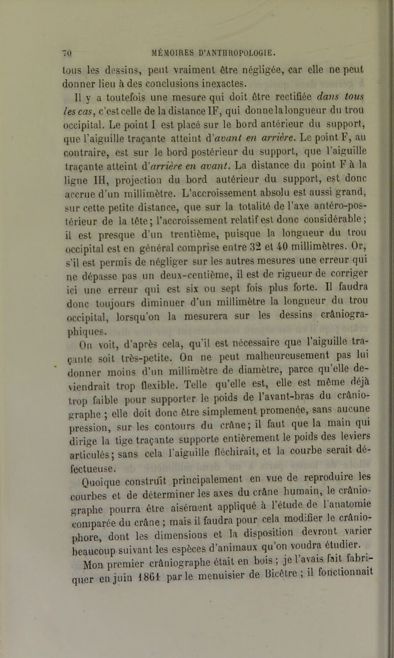 tous les dessins, peut vraiment être négligée, car elle ne peut donner lieu à des conclusions inexactes. 11 y a toutefois une mesure qui doit être rectifiée dans tous les cas, c’cstcelle de la distance 1F, qui donnelalongueur du trou occipital. Le point I est placé sur le bord antérieur du support, que l’aiguille traçante atteint d'avant en arrière. Le point F, au contraire, est sur le bord postérieur du support, que l’aiguille traçante atteint d arrière en avant. La distance du point F à la ligne IH, projection du bord autérieur du support, est donc accrue d’un millimètre. L’accroissement absolu est aussi grand, sur cette petite distance, que sur la totalité de l’axe antéro-pos- térieur de la tête; l’accroissement relatif est donc considérable; il est presque d’un trentième, puisque la longueur du trou occipital est en général comprise entre 32 et 40 millimètres. Or, s’il est permis de négliger sur les autres mesures une erreur qui ne dépasse pas un deux-centième, il est de rigueur de corriger ici une erreur qui est six ou sept fois plus forte. Il faudra donc toujours diminuer d’un millimètre la longueur du trou occipital, lorsqu’on la mesurera sur les dessins crâniogra- phiques. On voit, d’après cela, qu’il est nécessaire que l’aiguille tra- çante soit très-petite. On ne peut malheureusement pas lui donner moins d’un millimètre de diamètre, parce qu elle dé- pendrait trop flexible. Telle qu’elle est, elle est même déjà trop faible pour supporter le poids de l’avant-bras du crânio- graplie ; elle doit donc être simplement promenée, sans aucune pression, sur les contours du crâne; il faut que la main qui dirige la tige traçante supporte entièrement le poids des leviers articulés ; sans cela l’aiguille fléchirait, et la courbe serait dé- fectueuse. Quoique construit principalement en vue de reproduire les courbes et de déterminer les axes du crâne humain, le crânio- graplie pourra être aisément appliqué à l’étude de 1 anatomie comparée du crâne ; mais il faudra pour cela modifier le crâmo- pliore, dont les dimensions et la disposition devront varier beaucoup suivant les espèces d’animaux qu’on voudra étudier. Mon premier crâniographe était en bois ; je 1 avais lait fabri- quer en juin I8G1 parle menuisier de bicêtre ; il fonctionnait