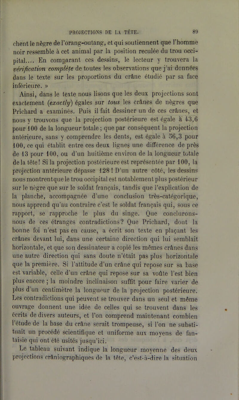 ehent le nègre de l’orang-outang, et qui soutiennent que l’homme noir ressemble à cet animal par la position reculée du trou occi- pital.... En comparant ces dessins, le lecteur y trouvera la vérification complète de toutes les observations que j’ai données dans le texte sur les proportions du crâne étudié par sa face inférieure. » Ainsi, dans le texte nous lisons que les deux projections sont exactement (exactly) égales sur tous les crânes de nègres que Prichard a examinés. Puis il fait dessiner un de ces crânes, et nous y trouvons que la projection postérieure est égale à 43,6 pour 100 de la longueur totale ; que par conséquent la projection antérieure, sans y comprendre les dents, est égale à 36,3 pour 100, ce qui établit entre ces deux lignes une différence de près de 13 pour 100, ou d’un huitième environ de la longueur totale delà tête! Si la projection postérieure est représentée par 100, la projection antérieure dépasse 128! D’un autre côté, les dessins nous montrentquele trou occipital est notablement plus postérieur sur le nègre que sur le soldat français, tandis que l’explication de la planche, accompagnée d’une conclusion très-catégorique, nous apprend qu’au contraire c’est le soldat français qui, sous ce rapport, se rapproche le plus du singe. Que conclurons- nous de ces étranges contradictions? Que Prichard, dont la bonne foi n’est pas en cause, a écrit son texte en plaçant les crânes devant lui, dans une certaine direction qui lui semblait horizontale, et que son dessinateur a copié les mêmes crânes dans une autre direction qui sans doute n’était pas plus horizontale que la première. Si l’attitude d’un crâne qui repose sur sa base est variable, celle d’un crâne qui repose sur sa voûte l’est bien plus encore ; la moindre inclinaison suffit pour faire varier de plus d’un centimètre la longueur de la projection postérieure. Les contradictions qui peuvent se trouver dans un seul et même ouvrage donnent une idée de celles qui se trouvent dans les écrits de divers auteurs, et l’on comprend maintenant combien l’étude de la base du crâne serait trompeuse, si l’on ne substi- tuait un procédé scientifique et uniforme aux moyens de fan- taisie qui ont été usités jusqu’ici. Le tableau suivant indique la longueur moyenne des deux projections orâniographiques de la tête, c’est-à-dire la situation