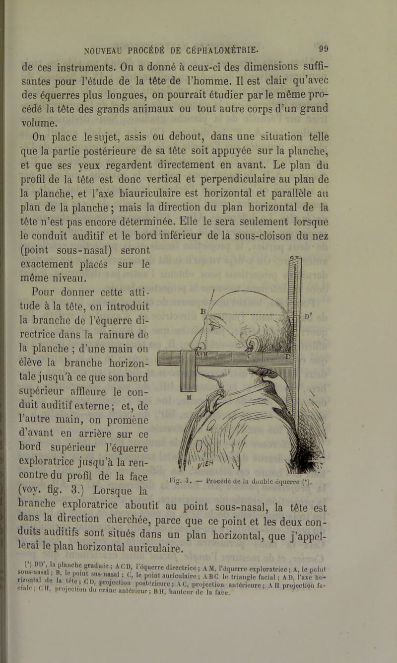de ces instruments. On a donné à ceux-ci des dimensions suffi- santes pour l’étude de la tête de l’homme. Il est clair qu’avec des équerres plus longues, on pourrait étudier parle même pro- cédé la tête des grands animaux ou tout autre corps d’un grand volume. On place le sujet, assis ou debout, dans une situation telle que la partie postérieure de sa tête soit appuyée sur la planche, et que ses yeux regardent directement en avant. Le plan du profil de la tête est donc vertical et perpendiculaire au plan de la planche, et l’axe biauriculaire est horizontal et parallèle au plan de la planche ; mais la direction du plan horizontal de la tête n’est pas encore déterminée. Elle le sera seulement lorsque le conduit auditif et le bord inférieur de la sous-cloison du nez (point sous-nasal) seront exactement placés sur le même niveau. Pour donner cette atti- tude à la tête, on introduit la branche de l’équerre di- rectrice dans la rainure de la planche ; d’une main on élève la branche horizon- tale jusqu’à ce que son bord supérieur affleure le con- duit auditif externe ; et, de l’autre main, on promène d’avant en arrière sur ce bord supérieur l’équerre exploratrice jusqu’à la ren- contre du profil de la face (voy. %. 3.) Lorsque la branche exploratrice aboutit au point sous-nasal, la tête est dans la direction cherchée, parce que ce point et les deux con- duits auditifs sont situés dans un plan horizontal, que j’appel- lerai le plan horizontal auriculaire. l'ijj. 3. — Procédé de la double équerre (*). sons nlisal lM>llnCh; ; A.(:D’ r,;c!UOITe directrice ; A M, l’équerre exploratrice ; A, le point rîzonlaV de h T1*™*™*' '■ C> 'C U-i»1 auricn.aire ; ABC le triangle facial ; AD, l'axe ho- .-iHl. r II r' ' , ’ pi?JCC,,ul1 PosWdeure i A C, projection antérieure ; A 11 projection f.i- c,Hl. , C H, projection du crâne antérieur ; B 11, hauteur de la face.