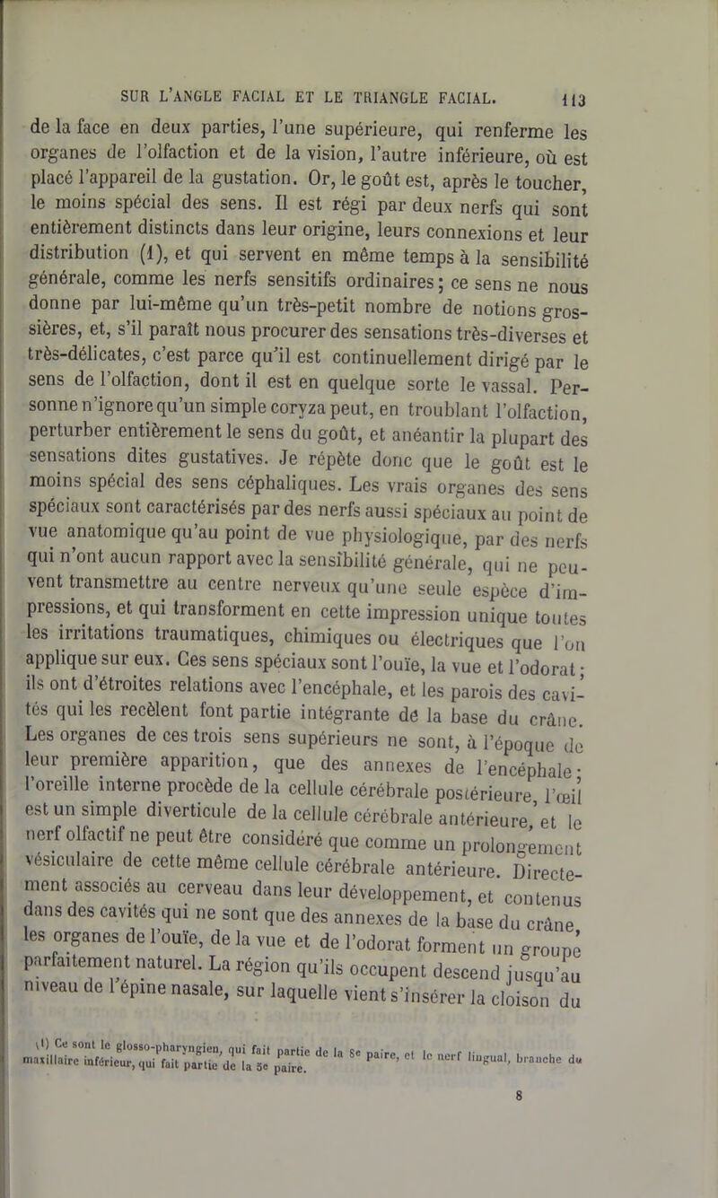 de la face en deux parties, l’une supérieure, qui renferme les organes de l’olfaction et de la vision, l’autre inférieure, où est placé l’appareil de la gustation. Or, le goût est, après le toucher, le moins spécial des sens. Il est régi par deux nerfs qui sont entièrement distincts dans leur origine, leurs connexions et leur distribution (1), et qui servent en même temps à la sensibilité générale, comme les nerfs sensitifs ordinaires ; ce sens ne nous donne par lui-même qu’un très-petit nombre de notions gros- sières, et, s’il paraît nous procurer des sensations très-diverses et très-délicates, c’est parce qu’il est continuellement dirigé par le sens de 1 olfaction, dont il est en quelque sorte le vassal. Per- sonne n’ignore qu’un simple coryza peut, en troublant l’olfaction, perturber entièrement le sens du goût, et anéantir la plupart des sensations dites gustatives. Je répète donc que le goût est le moins spécial des sens céphaliques. Les vrais organes des sens spéciaux sont caractérisés par des nerfs aussi spéciaux au point de vue anatomique qu au point de vue physiologique, par des nerfs qui n’ont aucun rapport avec la sensibilité générale, qui ne peu- vent transmettre au centre nerveux qu’une seule espèce d’im- pressions, et qui transforment en cette impression unique toutes les irritations traumatiques, chimiques ou électriques que l’on applique sur eux. Ces sens spéciaux sont l’ouïe, la vue et l’odorat • ils ont d’étroites relations avec l’encéphale, et les parois des cavi- tés qui les recèlent font partie intégrante dé la base du crâne. Les organes de ces trois sens supérieurs ne sont, à l’époque de leur première apparition, que des annexes de l’encéphale- l’oreille interne procède de la cellule cérébrale postérieure l’œil est un simple diverticule de la cellule cérébrale antérieure et le nerf olfactif ne peut être considéré que comme un prolongent vésiculaire de cette même cellule cérébrale antérieure. Directe- ment associés au cerveau dans leur développement, et contenus dans des cavités qui ne sont que des annexes de la base du crâne les organes de l’ouïe, de la vue et de l’odorat forment un groupé parfaitement naturel. La région qu’ils occupent descend jusqu’au n.veau de 1 épine nasale, sur laquelle vient s’insérer la cloison du £?dC ‘a  Pairc’ e‘ ,c - 8
