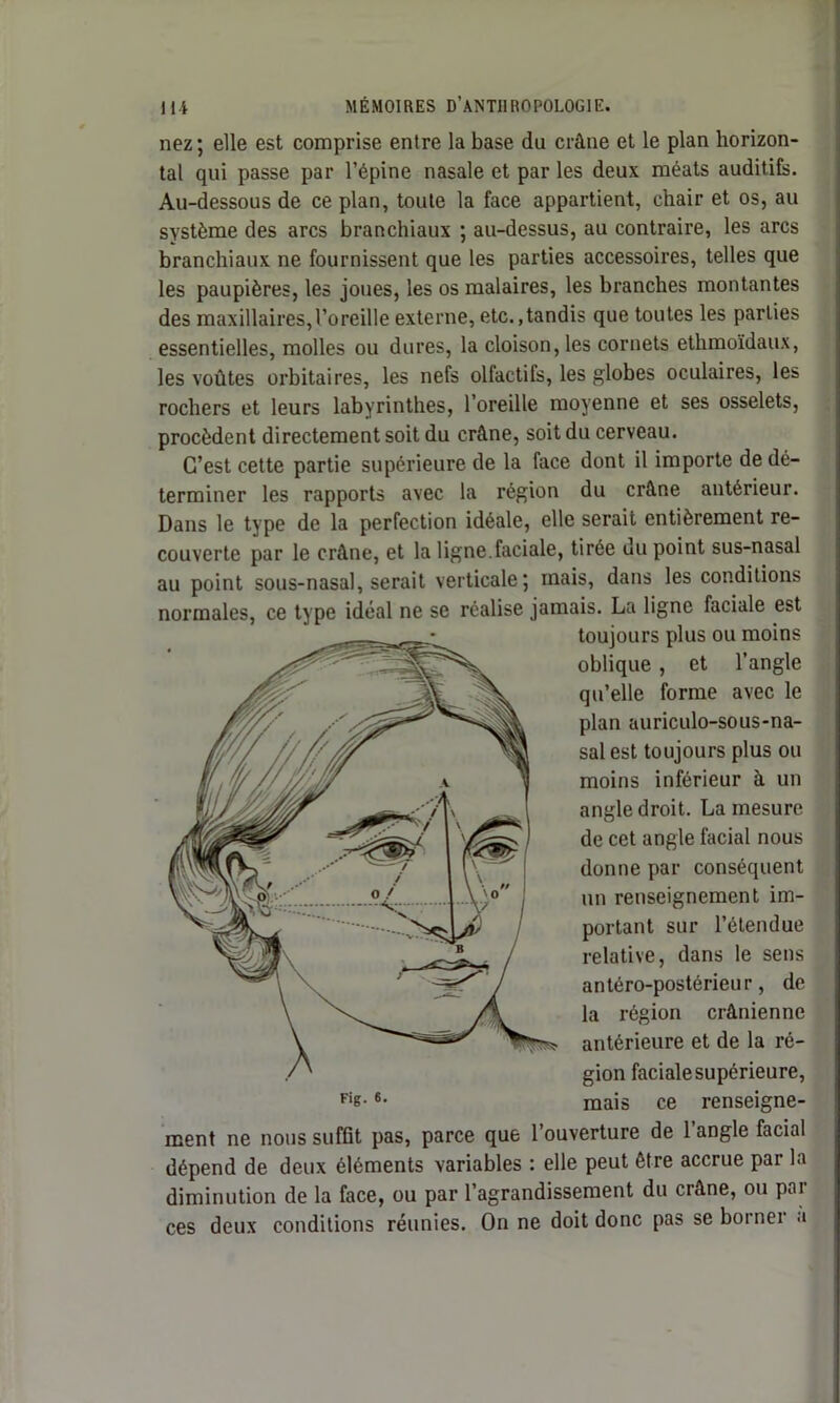 nez; elle est comprise entre la base du crâne et le plan horizon- tal qui passe par l’épine nasale et par les deux méats auditifs. Au-dessous de ce plan, toute la face appartient, chair et os, au système des arcs branchiaux ; au-dessus, au contraire, les arcs branchiaux ne fournissent que les parties accessoires, telles que les paupières, les joues, les os malaires, les branches montantes des maxillaires,l’oreille externe, etc. .tandis que toutes les parties essentielles, molles ou dures, la cloison, les cornets ethmoïdaux, les voûtes orbitaires, les nefs olfactifs, les globes oculaires, les rochers et leurs labyrinthes, l’oreille moyenne et ses osselets, procèdent directement soit du crâne, soit du cerveau. C’est cette partie supérieure de la face dont il importe de dé- terminer les rapports avec la région du crâne antérieur. Dans le type de la perfection idéale, elle serait entièrement re- couverte par le crâne, et la ligne.faciale, tirée du point sus-nasal au point sous-nasal, serait verticale; mais, dans les conditions normales, ce type idéal ne se réalise jamais. La ligne faciale est toujours plus ou moins oblique, et l’angle qu’elle forme avec le plan auriculo-sous-na- sal est toujours plus ou moins inférieur à un angle droit. La mesure de cet angle facial nous donne par conséquent un renseignement im- portant sur l’étendue relative, dans le sens antéro-postérieur, de la région crânienne antérieure et de la ré- gion faciale supérieure, mais ce renseigne- ment ne nous suffit pas, parce que l’ouverture de l’angle facial dépend de deux éléments variables : elle peut être accrue par la diminution de la face, ou par l’agrandissement du crâne, ou par ces deux conditions réunies. On ne doit donc pas se borner a