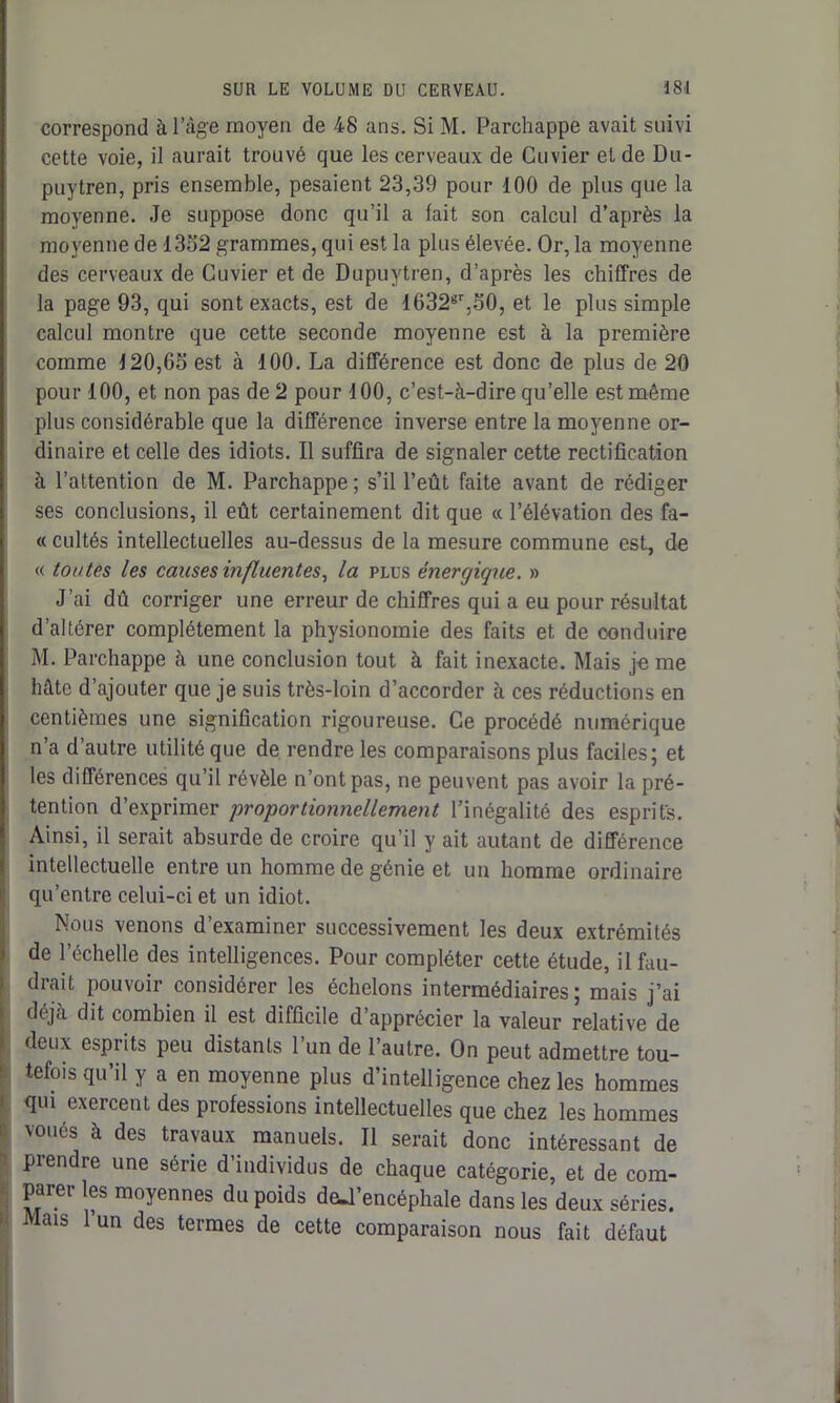 correspond à l’âge moyen de 48 ans. Si M. Parchappe avait suivi cette voie, il aurait trouvé que les cerveaux de Cuvier et de Du- puytren, pris ensemble, pesaient 23,39 pour 100 de plus que la moyenne. Je suppose donc qu’il a lait son calcul d’après la moyenne de 1352 grammes, qui est la plus élevée. Or, la moyenne des cerveaux de Cuvier et de Dupuytren, d’après les chiffres de la page 93, qui sont exacts, est de 1632gr,50, et le plus simple calcul montre que cette seconde moyenne est à la première comme 120,65 est à 100. La différence est donc de plus de 20 pour 100, et non pas de 2 pour 100, c’est-à-dire qu’elle est même plus considérable que la différence inverse entre la moyenne or- dinaire et celle des idiots. Il suffira de signaler cette rectification à l’attention de M. Parchappe ; s’il l’eût faite avant de rédiger ses conclusions, il eût certainement dit que « l’élévation des fa- ce cultés intellectuelles au-dessus de la mesure commune est, de « toutes les causes influentes, la plus énergique. » J’ai dû corriger une erreur de chiffres qui a eu pour résultat d’altérer complètement la physionomie des faits et de conduire M. Parchappe à une conclusion tout à fait inexacte. Mais je me hâte d’ajouter que je suis très-loin d’accorder à ces réductions en centièmes une signification rigoureuse. Ce procédé numérique n’a d’autre utilité que de rendre les comparaisons plus faciles; et les différences qu’il révèle n’ont pas, ne peuvent pas avoir la pré- tention d’exprimer proportionnellement l’inégalité des esprits. Ainsi, il serait absurde de croire qu’il y ait autant de différence intellectuelle entre un homme de génie et un homme ordinaire qu’entre celui-ci et un idiot. Nous venons d’examiner successivement les deux extrémités de l’échelle des intelligences. Pour compléter cette étude, il fau- drait pouvoir considérer les échelons intermédiaires; mais j’ai dtjci dit combien il est difficile d apprécier la valeur relative de deux esprits peu distants l’un de l’autre. On peut admettre tou- tefois qu’il y a en moyenne plus d’intelligence chez les hommes qui exercent des professions intellectuelles que chez les hommes voués à des travaux manuels. Il serait donc intéressant de prendre une série d’individus de chaque catégorie, et de com- parer les moyennes du poids deJ’encéphale dans les deux séries. ! Mais l un des tei'mes de cette comparaison nous fait défaut