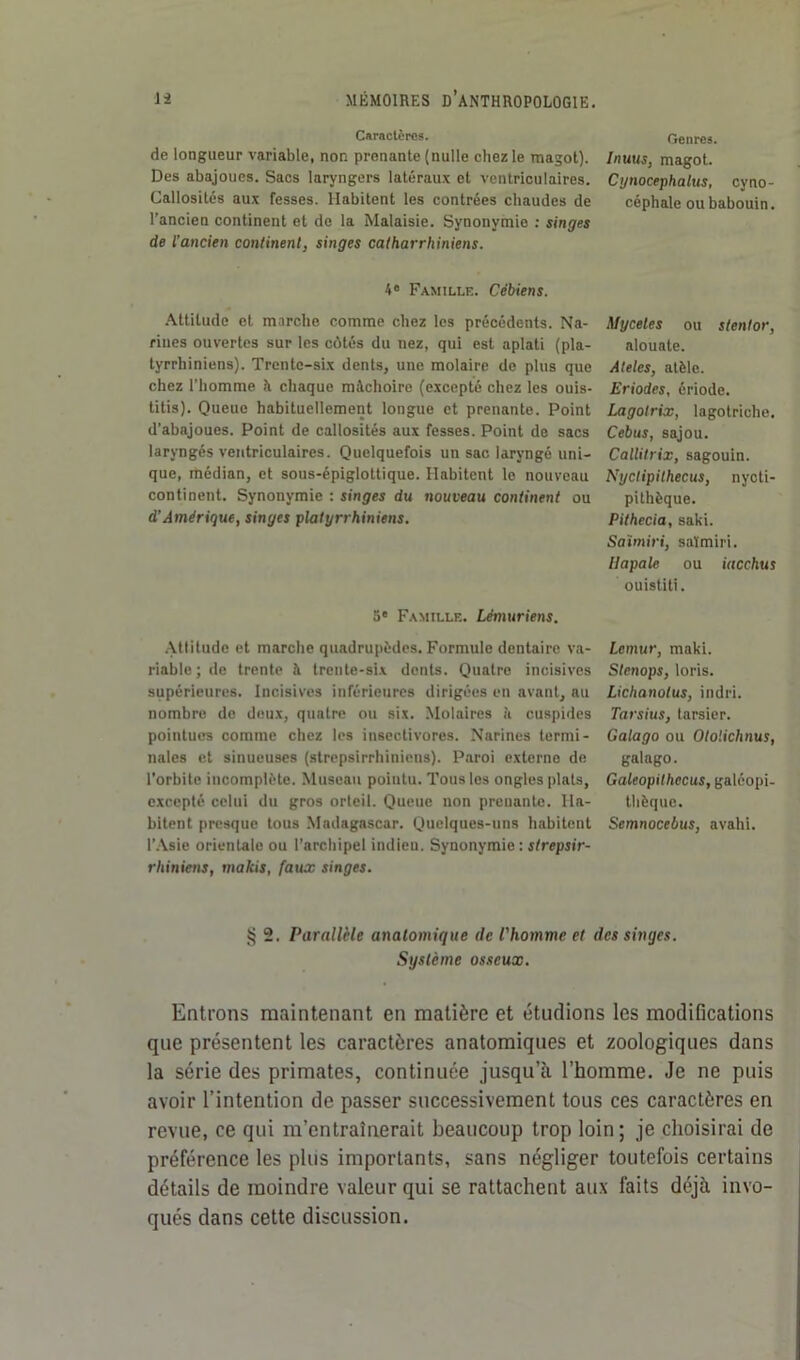 Caractères. de longueur variable, non prenante (nulle chez le magot). Des abajoues. Sacs laryngers latéraux et ventriculaires. Callosités aux fesses. Habitent les contrées chaudes de l'ancien continent et de la Malaisie. Synonymie : singes de l’ancien continent, singes catharrhiniens. 4e Famille. Cèbiens. Attitude et marche comme chez les précédents. Na- rines ouvertes sur les côtés du nez, qui est aplati (pla- tyrrhiniens). Trente-six dents, une molaire de plus que chez l’homme h chaque mâchoire (excepté chez les ouis- titis). Queue habituellement longue et prenante. Point d’abajoues. Point de callosités aux fesses. Point de sacs laryngés ventriculaires. Quelquefois un sac laryngé uni- que, médian, et sous-épiglottique. Habitent le nouveau continent. Synonymie : singes du nouveau continent ou d’Amérique, singes platyrrhiniens. 5e Famille. Lémuriens. Attitude et marche quadrupèdes. Formule dentaire va- riable; de trente à trente-six dents. Quatre incisives supérieures. Incisives inférieures dirigées en avant, au nombre do doux, quatre ou six. Molaires à cuspides pointues comme chez les insectivores. Narines termi- nales et sinueuses (strepsirrhiniens). Paroi externe de l’orbite incomplète. Museau pointu. Tous les ongles plats, excepté celui du gros orteil. Queue non prenante. Ha- bitent presque tous Madagascar. Quelques-uns habitent l’Asie orientale ou l’archipel indieu. Synonymie : strepsir- rhiniens, makis, faux singes. Genres. Inuus, magot. Cgnocephalus, cyno- céphale ou babouin. Myceles ou stentor, alouate. Ateles, atèle. Eriodes, ériode. Lagotrix, lagotriche. Cebus, sajou. Callitrix, sagouin. Nyctipithecus, nycti- pithèque. Pithecia, saki. Saïmiri, saïmiri. llapale ou iacchus ouistiti. Lcmur, maki. Stenops, loris. Lichanolus, indri. Tarsius, tarsier. Galago ou Oto'.ichnus, galago. Galeopithecus, galéopi- thèque. Semnocebus, avahi. § 2. Parallèle anatomique de l'homme et des singes. Système osseux. Entrons maintenant en matière et étudions les modifications que présentent les caractères anatomiques et zoologiques dans la série des primates, continuée jusqu’à l’homme. Je ne puis avoir l’intention de passer successivement tous ces caractères en revue, ce qui m’entraînerait beaucoup trop loin ; je choisirai de préférence les plus importants, sans négliger toutefois certains détails de moindre valeur qui se rattachent aux faits déjà invo- qués dans cette discussion.