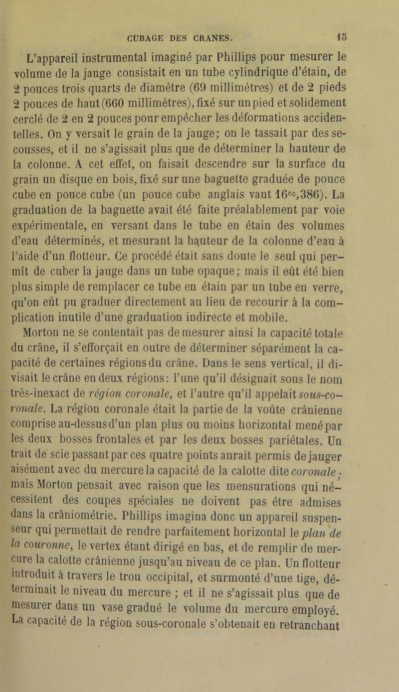 L’appareil instrumental imaginé par Phillips pour mesurer le volume de la jauge consistait en un tube cylindrique d’étain, de 2 pouces trois quarts de diamètre (69 millimètres) et de 2 pieds 2 pouces de haut(660 millimètres), fixé sur un pied et solidement cerclé de 2 en 2 pouces pour empêcher les déformations acciden- telles. On y versait le grain de la jauge; on le tassait par des se- cousses, et il ne s’agissait plus que de déterminer la hauteur de la colonne. A cet effet, on faisait descendre sur la surface du grain un disque en bois, fixé sur une baguette graduée de pouce cube en pouce cube (un pouce cube anglais vaut 16cc,386). La graduation de la baguette avait été faite préalablement par voie expérimentale, en versant dans le tube en étain des volumes d’eau déterminés, et mesurant la hauteur de la colonne d’eau à l’aide d’un flotteur. Ce procédé était sans doute le seul qui per- mît de cuber la jauge dans un tube opaque; mais il eût été bien plus simple de remplacer ce tube en étain par un tube en verre, qu’on eût pu graduer directement au lieu de recourir à la com- plication inutile d’une graduation indirecte et mobile. Morton ne se contentait pas de mesurer ainsi la capacité totale du crâne, il s’efforçait en outre de déterminer séparément la ca- pacité de certaines régions du crâne. Dans le sens vertical, il di- visait le crâne en deux régions: l’une qu’il désignait sous le nom très-inexact de région coronale, et l’autre qu’il appelait sous-co- ronale. La région coronale était la partie de la voûte crânienne comprise au-dessus d’un plan plus ou moins horizontal mené par les deux bosses frontales et par les deux bosses pariétales. Un trait de scie passant par ces quatre points aurait permis de jauger aisément avec du mercure la capacité de la calotte dite coronale ■ mais Morton pensait avec raison que les mensurations qui né- cessitent des coupes spéciales ne doivent pas être admises dans la crâniométrie. Phillips imagina donc un appareil suspen- seur qui permettait de rendre parfaitement horizontal \eplan de la couronne, levertex étant dirigé en bas, et de remplir de mer- cure la calotte crânienne jusqu’au niveau de ce plan. Un flotteur introduit à travers le trou occipital, et surmonté d’une lige, dé- terminait le niveau du mercure ; et il ne s’agissait plus que de mesurer dans un vase gradué le volume du mercure employé. La capacité de la région sous-coronale s’obtenait en retranchant