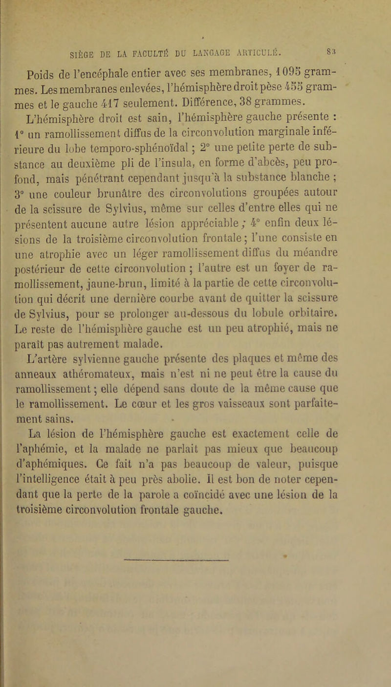 Poids de l’encéphale entier avec ses membranes, 109S gram- mes. Les membranes enlevées, l’hémisphère droit pèse 45S gram- mes et le gauche 417 seulement. DifTérence, 38 grammes. L’hémisphère droit est sain, l’hémisphère gauche présente : I 1° un ramollissement diffus de la circonvolution marginale infé- rieure du lobe temporo-sphénoïdal ; 2° une petite perte de sub- stance au deuxième pli de l’insula, en forme d’abcès, peu pro- fond, mais pénétrant cependant jusqu’à la substance blanche ; 3“ une couleur brunâtre des circonvolutions groupées autour de la scissure de Sjdvius, même sur celles d’entre elles qui ne présentent aucune autre lésion appréciable ; 4“ enfin deux lé- sions de la troisième circonvolution frontale; l’une consiste en ' une atrophie avec un léger ramollissement diffus du méandre postérieur de cette circonvolution ; l’autre est un foyer de ra- mollissement, jaune-brun, limité à la partie de cette circonvolu- tion qui décrit une dernière courbe avant de quitter la scissure de Sylvius, pour se prolonger au-dessous du lobule orbitaire. Le reste de l’hémisphère gauche est un peu atrophié, mais ne paraît pas autrement malade. L’artère sylvienne gauche présente des plaques et même des anneaux athéromateux, mais n’est ni ne peut être la cause du ramollissement ; elle dépend sans doute de la même cause que le ramollissement. Le cœur et les gros vaisseaux sont parfaite- ment sains. La lésion de l’hémisphère gauche est exactement celle de f l’aphémie, et la malade ne parlait pas mieux que beaucoup d’aphémiques. Ce fait n’a pas beaucoup de valeur, puisque I l’intelligence était à peu près abolie, il est bon de noter cepen- dant que la perte de la parole a coïncidé avec une lésion de la troisième circonvolution frontale gauche.