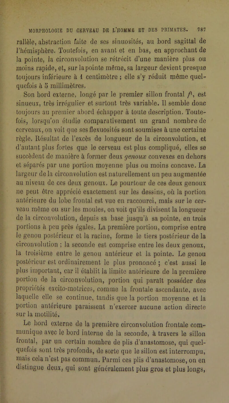 rallèle, abstraction faite de ses sinuosités, au bord sagittal de l’hémisphère. Toutefois, en avant et en bas, en approchant de la pointe, la circonvolution se rétrécit d’une manière plus ou moins rapide, et, sur la pointe même, sa largeur devient presque toujours inférieure à 1 centimètre ; elle s’y réduit môme quel- quefois à S millimètres. Son bord externe, longé par le premier sillon frontal Z', est sinueux, très irrégulier et surtout très variable. Il semble donc toujours au premier abord échapper à toute description. Toute- fois, lorsqu’on étudie comparativement un grand nombre de cerveaux, on voit que ses flexuosités sont soumises à une certaine règle. Résultat de l’excès de longueur de la circonvolution, et d’autant plus fortes que le cerveau est plus compliqué, elles se succèdent de manière à former deux genoux convexes en dehors et séparés par une portion moyenne plus ou moins concave. La largeur de la circonvolution est naturellement un peu augmentée au niveau de ces deux genoux. Le pourtour de ces doux genoux ne peut ôtre apprécié exactement sur les dessins, où la portion antérieure du lobe frontal est vue en raccourci, mais sur le cer- veau même ou sur les moules, on voit qu’ils divisent la longueur de la circonvolution, depuis sa base jusqu’à sa pointe, on trois portions à peu près égales, La première portion, comprise entre le genou postérieur et la racine, forme le tiers postérieur de la circonvolution ; la seconde est comprise entre les deux genoux, la troisième entre le genou antérieur et la pointe. Le genou postérieur est ordinairement le plus prononcé ; c’est aussi le plus important, car il établit la limite antérieure de la première portion do la circonvolution, portion qui paraît posséder des propriétés excito-motrices, comme la frontale ascendante, avec laquelle elle se continue, tandis que la portion moyenne et la portion antérieure paraissent n’exercer aucune action directe sur la motilité. Le bord externe de la première circonvolution frontale com- munique avec le bord interne de la seconde, à travers le sillon frontal, par un certain nombre de plis d’anastomose, qui quel- quefois sont très profonds, de sorte que le sillon est interrompu, mais cela n’est pas commun. Parmi ces plis d’anastomose, on en distingue deux, qui sont généralement plus gros et plus longs,