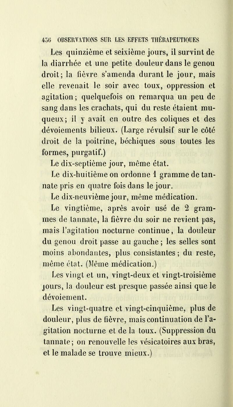 Les quinzième et seixième jours, il survint de la diarrhée et une petite douleur dans le genou droit ; la fièvre s'amenda durant le jour, mais elle revenait le soir avec toux, oppression et agitation ; quelquefois on remarqua un peu de sang dans les crachats, qui du reste étaient mu- queux; il y avait en outre des coliques et des dévoiements bilieux. (Large révulsif sur le côté droit de la poitrine, béchiques sous toutes les formes, purgatif.) Le dix-septième jour, même état. Le dix-huitième on ordonne 1 gramme de tan- nate pris en quatre fois dans le jour. Le dix-neuvième jour, même médication. Le vingtième, après avoir usé de 2 gram- mes de tannate, la fièvre du soir ne revient pas, mais l'agitation nocturne continue, la douleur du genou droit passe au gauche ; les selles sont moins abondantes, plus consistantes; du reste, même état. (Même médication.) Les vingt et un, vingt-deux et vingt-troisième jours, la douleur est presque passée ainsi que le dévoiement. Les vingt-quatre et vingt-cinquième, plus de douleur, plus de fièvre, mais continuation de l'a- gitation nocturne et de la toux. (Suppression du tannate; on renouvelle les vésicatoires aux bras, et le malade se trouve mieux.)