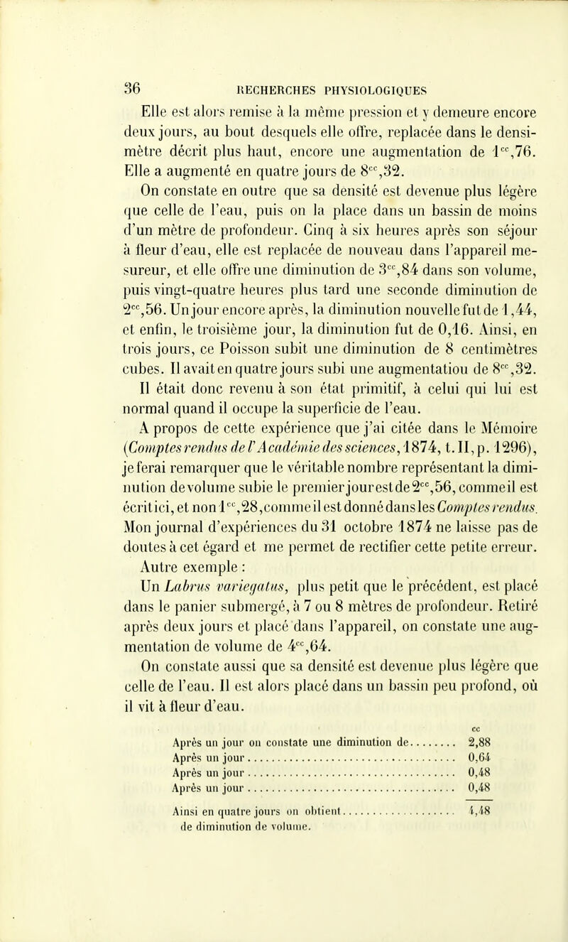 Elle est alors remise à la même pression et y demeure encore deux jours, au bout desquels elle offre, replacée dans le densi- mètre décrit plus haut, encore une augmentation de [',16. Elle a augmenté en quatre jours de 8,32. On constate en outre que sa densité est devenue plus légère que celle de l'eau, puis on la place dans un bassin de moins d'un mètre de profondeur. Cinq à six heures après son séjour à fleur d'eau, elle est replacée de nouveau dans l'appareil me- sureur, et elle offre une diminution de 3,84 dans son volume, puis vingt-quatre heures plus tard une seconde diminution de 2'% 56. Un jour encore après, la diminution nouvelle fut de 1,44, et enfin, le troisième jour, la diminution fut de 0,16. Ainsi, en trois jours, ce Poisson subit une diminution de 8 centimètres cubes. Il avait en quatre jours subi une augmentation de 8'^%32. Il était donc revenu à son état primitif, à celui qui lui est normal quand il occupe la superficie de l'eau. A propos de cette expérience que j'ai citée dans le Mémoire {Comptes rendus de VAcadémie des sciences, \ 874, t. II, p. i 296), je ferai remarquer que le véritable nombre représentant la dimi- nution de volume subie le prennerjourestde2'^'',56,commeil est écrit ici, et non 1'% 28, comme il est donné dans les Comptes rendus. Mon journal d'expériences du 31 octobre 1874 ne laisse pas de doutes à cet égard et me permet de rectifier cette petite erreur. Autre exemple : Un Labrus variegatns, plus petit que le précédent, est placé dans le panier submerge, à 7 ou 8 mètres de profondeur. Retiré après deux jours et placé dans l'appareil, on constate une aug- mentation de volume de 4*'%64. On constate aussi que sa densité est devenue plus légère que celle de l'eau. Il est alors placé dans un bassin peu profond, où il vit à fleur d'eau. ce Après un jour on constate une diminution de 2,88 Après un jour CG-i. Après un jour 0,48 Après un jour 0,48 Ainsi en quatre jours on obtient 1,48 de diminution de volume.