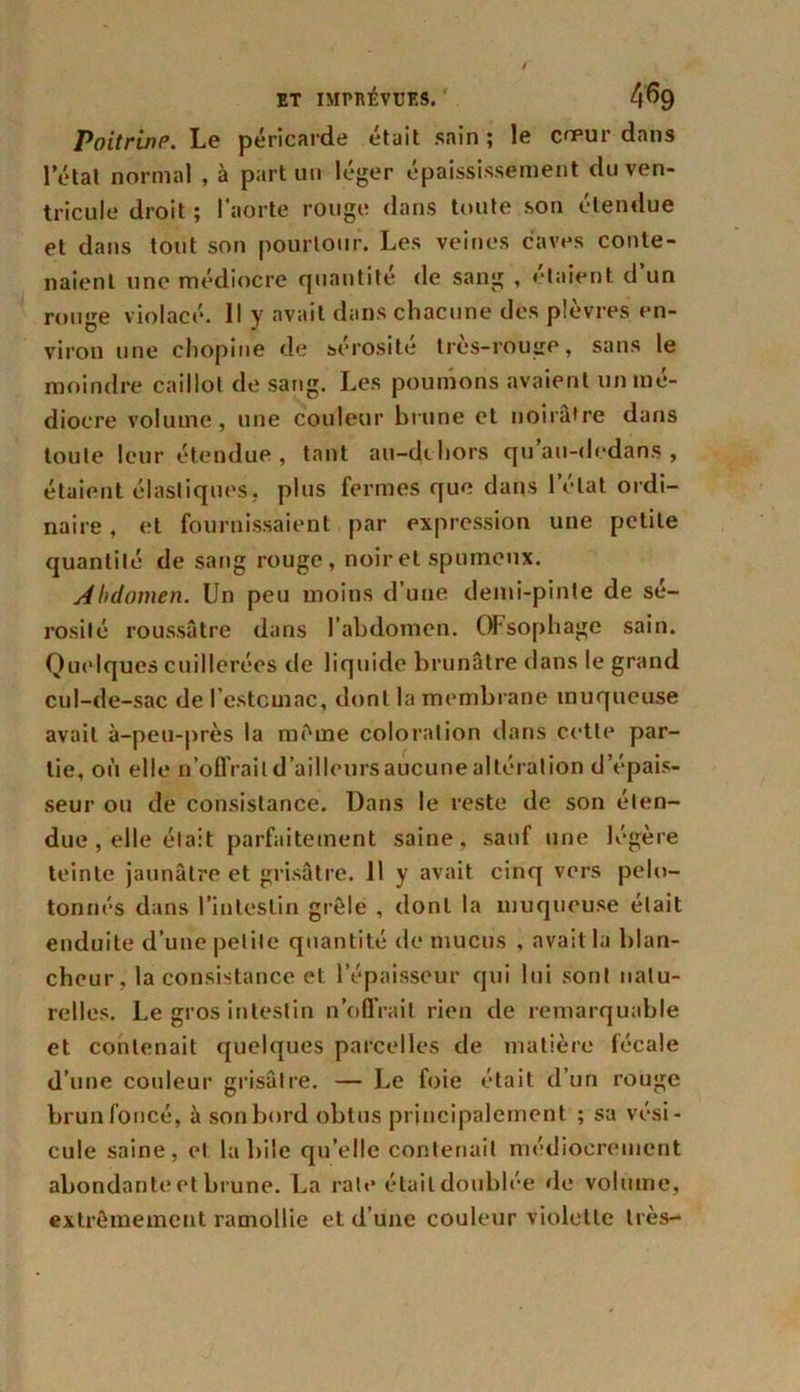Poitrine. Le péricarde était sain; le cœur dans l’état normal , à part un léger épaississement du ven- tricule droit ; l’aorte rouge dans toute son étendue et dans tout son pourtour. Les veines caves conte- naient une médiocre quantité de sang , étaient d un rouge violacé. Il y avait dans chacune des plèvres en- viron une chopine de sérosité tres-rouge, sans le moindre caillot de sang. Les poumons avaient un mé- diocre volume, une couleur brune et noirâtre dans toute leur étendue , tant au-dthors qu au-dedans , étaient élastiques, plus fermes que dans l’état ordi- naire , et fournissaient par expression une petite quantité de sang rouge, noir et spumeux. Abdomen. Un peu moins d’une demi-pinte de sé- rosité roussâtre dans l’abdomen. OFsophage sain. Quelques cuillerées de liquide brunâtre dans le grand cul-de-sac de l’estomac, dont la membrane muqueuse avait à-peu-près la même coloration dans cette par- tie, où elle n’offrait d’ailleurs aucune altération d’épais- seur ou de consistance. Dans le reste de son éten- due , elle était parfaitement saine, sauf une légère teinte jaunâtre et grisâtre. 11 y avait cinq vers pelo- tonnés dans l’intestin grêle , dont la muqueuse était enduite d’une petite quantité de mucus , avait la blan- cheur , la consistance et l’épaisseur qui lui sont natu- relles. Le gros intestin n’offrait rien de remarquable et contenait quelques parcelles de matière fécale d’une couleur grisâtre. — Le foie était d’un rouge brun foncé, à son bord obtus principalement ; sa vési- cule saine, et labile qu’elle contenait médiocrement abondante et brune. La rate était doublée de volume, extrêmement ramollie et d’une couleur violette très-