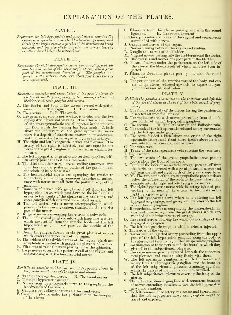 EXPLANATION OF THE PLATES. PLATE I. Represents the left hypogastric and sacral nerves entering the hypogastric ganglion, and the bloodvessels, ganglia, and nerves of the virgin uterus, a portion of the neurilemma being removed, and the size of the ganglia and nerves thereby greatly reduced below the natural size. PLATE IL Represents the right hypogastric nerve and ganglion, and the ganglia and nerves of the same virgin uterus, with a great part of the neurilemma dissected off. The ganglia and nerves, in the natural state, are about four times the size here represented. PLATE III. Exhibits a posterior and lateral view of the gravid uterus in the fourth month of pregnancy, of the vagina, rectum, and bladder, ivith their ganglia and nerves. A. The fundus and body of the uterus covered with perito- neum. B. The vagina. C. The bladder. D. The rectum. E, F. The ovaria. G. The great sympathetic nerve where it divides mto the two hypogastric nerves and plexuses. The arteries and veins of the great sympathetic are all injected in the prepara- tion from which the drawing has been made. A little above the bifurcation of the great sjrmpathetic nerve there is a deposit of cineritious matter in its substance, and the nerve itself is enlarged as high as the kidneys. H. The right and left hypogastric nerves and plexuses. The artery of the right is injected, and accompanies the nerve to the great ganglion at the cervix, in which it ter- minates. I. The left hypogastric or great utero-cervical ganglion, with an artery passing into it near the centre. J. The third and other sacral nerves, sending numerous large branches into the posterior border of the gangUon, and the whole of its outer surface. K. The hemorrhoidal nerves accompanying the arteries to the rectum, and sending numerous branches to anasto- mose with nerves sent off from the posterior edge of the ganghon. L. Branches of nerves with ganglia sent off from the left hypogastric nerve, which pass dowTi on the inside of the ureter to the trunks of the uterine artery and veins, and enter gangha which surround these bloodvessels. M. The left ureter, with a nerve accompanying it, which passes into the vesical ganglion, situated on the anterior part of the ureter. N. Eings of nerve, surrounding the uterine bloodvessels. O. The middle vesical ganglion, into which large nerves enter, which are sent off from the anterior border of the left hypogastric ganglion, and pass on the outside of the ureter. P. Broad, flat gangha, formed on the great plexus of nerves which covers the upper part of the vagina. Q. The orifices of the divided veins of the vagina, which are completely encircled with ganghonic plexuses of nerves. E. Filaments of vaginal nerves passing under the sphincter. S. Large nerves covering the posterior wall of the vagina, and anastomosing with the hemorrhoidal nerves. PLATE IV. Exhibits an anterior and lateral view of the gravid uterus in the fourth month, and of the vagina and bladder. A The right hypogastric nerve. B. The sacral nerves. C. The right hypogastric ganglion. D. Nerves from the hypogastric nerve to the ganglia on the bloodvessels of the uterus. E. Ganglia surrounding the uterine artery and veins. F. Ganglionic plexus, under the peritoneum on the fore-part of the uterus. 1 G. Filaments from this plexus passing out with the round ligament. H. The round ligament. I. The right ureter and trunk of the vaginal and vesical veins surrounded with nerves. J. Ganglia and nerves of the vagina. K. Nerves passing between the vagina and rectum. L. Ganglia and nerves of the bladder. M. Vaginal nerves passing into the bladder around the ureter. N. Bloodvessels and nerves of upper part of the bladder. 0. Plexus of nerves under the peritoneum on the left side of the uterus, the bloodvessels of which have not been in- jected. P. Filaments from this plexus passing out with the round ligaments. Q. The peritoneum of the anterior part of the body and cer- vix of the uterus reflected upwards, to expose the gan- glionic plexuses situated below. PLATE V. Exhibits the ganglia and nerves on the posterior and left side of the gravid uterus at the end of the ninth month qf preg- nancy. A. The fundus and body of the uterus, having the peritoneum dissected off from the left side. B. The vagina covered with nerves proceeding from the infe- rior border of the left hypogastric ganglion. C. The rectum. D. The feft ovarium and Fallopian tube. E. The trunk of the left spermatic vein and artery surroimded by the left spermatic ganglion. F. The aorta divided a little above the origin of the right spermatic artery, and about three inches above its divi- sion into the two common ihac arteries. G. The vena cava. H. Trimk of the right spermatic vein entering the vena cava. 1. Eight ureter. K. The two cords of the great sympathetic nerve passing down along the front of the aorta. L. Trunk of the inferior mesenteric artery, passing off from the aorta, and covered with a great plexus of nerves sent off from the left and right cords of the great sympathetic. M. M. The two cords of the great sympathetic passing down below the bifurcation of the aorta to the point where they separate into the right and left hypogastric nerves. N. The right hypogastric nerve with its artery injected pro- ceeding to the neck of the uterus, to terminate in the right hypogastric ganghon. O. The left hypogastric nerve where it is entering the left hypogastric ganghon, and giving off branches to the left subperitoneal ganghon. P. Hemorrhoidal nerves accompanying the hemorrhoidal ar- tery and proceeding from the great plexus which sur- rounded the inferior mesenteric artery. Q. The sacral nerves entering the whole outer surface of the hypogastric ganglion. E. The left hypogastric ganglion with its arteries injected. S. The nerves of the vagina. T. Nerves with an injected artery proceeding from the upper part of the left hypogastric ganghon along the body of the uterus, and terminating in the left spermatic ganglion. U. Continuation of these nerves and the branches which they give off to the subperitoneal plexuses. V. The same nerves passing upward beneath the subperito- neal plexuses, and anastomosing freely with them. W. The left spermatic ganglion, in which the nerves and artery from the hypogastric ganglion, and the branches of the left subperitoneal plexuses terminate, and from which the nerves of the fundus uteri are suppUed. X. The left subperitoneal plexuses covering the body of the uterus. Y. The left subperitoneal ganghon, with numerous branches of nerves extending between it and the left hypogastric nerve and ganghon. Z. The left common iliac artery cut across and turned aside, that the left hypogastric nerve and ganglion might be traced and exposed.