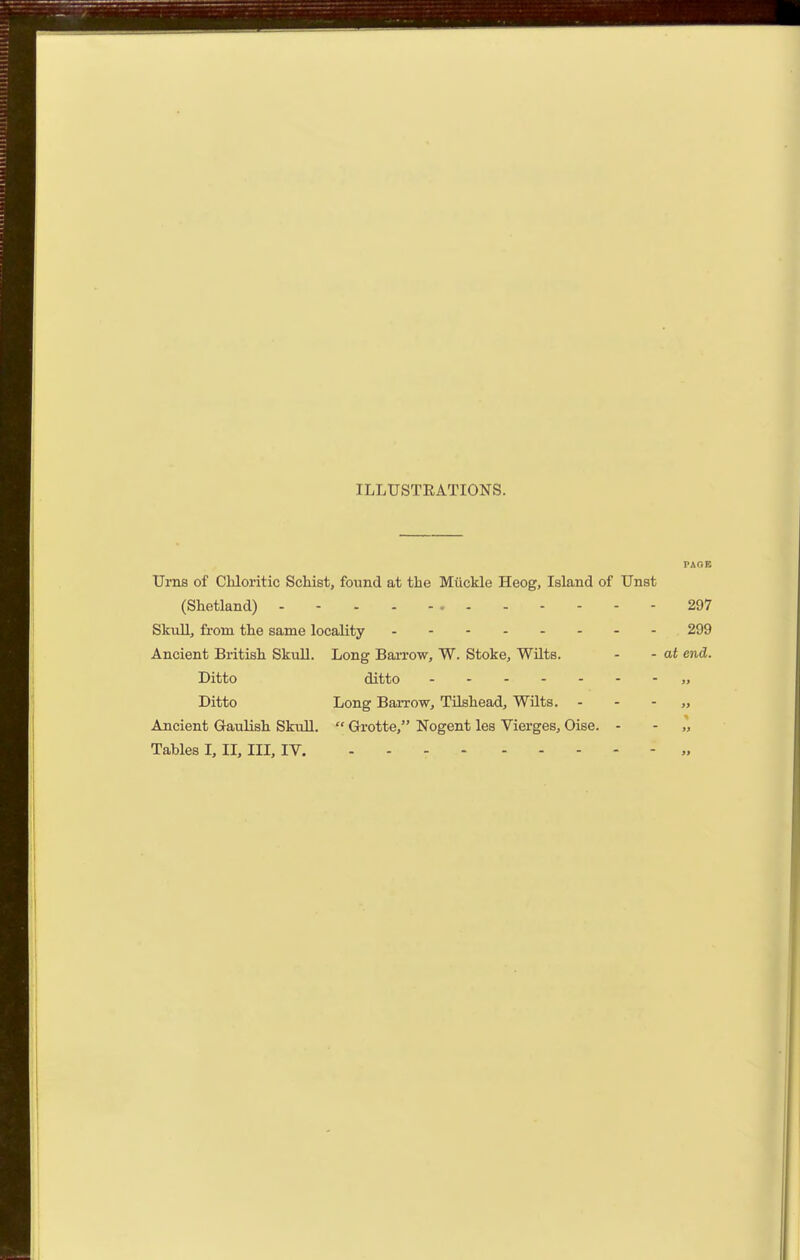 ILLUSTRATIONS. PAGE Urns of Chloritic Schist, found at the Milckle Heog, Island of Unst (Shetland) - - - - 297 Skull, from the same locality 299 Ancient British SkuU. Long Barrow, W. Stoke, Wilts. - -at end. Ditto ditto „ Ditto Long BaiTow, Tilshead, Wilts. - - - „ Ancient Gaulish Skull.  Grotte, Nogent les Vierges, Oise. - - „ Tables I, II, III, IV. »