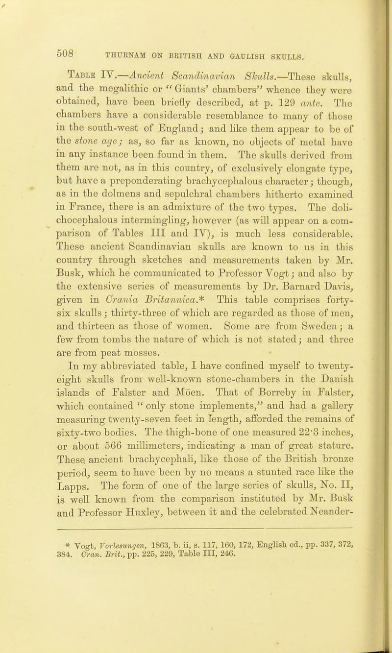 Table IV.—Ancient Scandinavian Skulls.—These skulls, and the megalithic or  Giants' chambers whence they were obtained, have been briefly described, at p. 129 ante. The chambers have a considerable resemblance to many of those in the south-west of England; and like them appear to be of the stone age; as, so far as known, no objects of metal have in any instance been found in them. The skulls derived from them are not, as in this country, of exclusively elongate type, but have a preponderating brachycephalous character; though, as in the dolmens and sepulchral chambers hitherto examined in France, there is an admixture of the two types. The doli- chocephalous intermingling, however (as will appear on a com- parison of Tables III and IV), is much less considerable. These ancient Scandinavian skulls are known to us in this country through sketches and measurements taken by Mr. Busk, which he communicated to Professor Vogt; and also by the extensive series of measurements by Dr. Barnard Davis, given in Crania Britannica.* This table comprises forty- six skulls ; thirty-three of which are regarded as those of men, and thirteen as those of women. Some are from Sweden; a few from tombs the nature of which is not stated; and three i are from peat mosses. In my abbreviated table, I have confined myself to twenty- eight skulls from well-known stone-chambers in the Danish islands of Falster and Moen. That of Borreby in Falster, which contained  only stone implements, and had a gallery measuring twenty-seven feet in length, afibrded the remains of sixty-two bodies. The thigh-bone of one measui'ed 22'3 inches, or about 566 millimeters, indicating a man of great stature. These ancient brachycephali, like those of the British bronze period, seem to have been by no means a stunted race like the Lapps. The form of one of the large series of skulls. No. II, is well known from the comparison instituted by Mr. Busk and Professor Huxley, between it and the celebrated Neander- * Vogt, Vorlesungen, 1863, b. ii, s. 117, 160, 172, English ed., pp. 337, 372, 384. Cran. Brit., pp. 225, 229, Table III, 246.