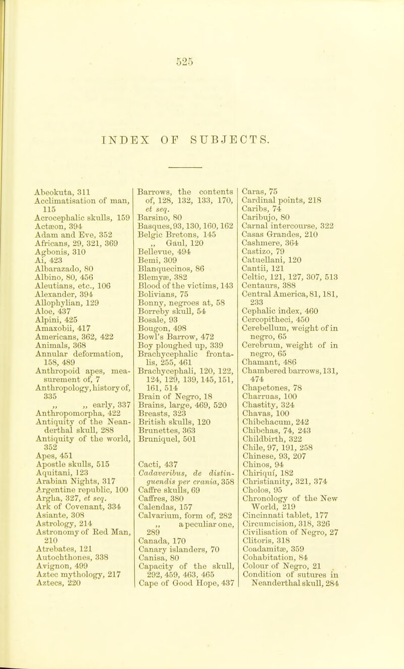 625 INDEX OF SUBJECTS. Abeokuta, 311 Acclimatisation of man, 115 Acrocepbalic skulls, 159 ActfEon, 394 Adam and Eve, 352 Africans, 29, 321, 369 Agbonis, 310 Ai, 423 Albarazado, 80 Albino, 80, 456 Aleutians, etc., 106 Alexander, 394 Allophylian, 129 Aloe, 437 Alpini, 425 Amaxobii, 417 Americans, 362, 422 Animals, 368 Annular deformation, 158, 489 Anthropoid apes, mea- surement of, 7 Anthropology, histoi-y of, 335 „ early, 337 Anthropomorpha, 422 Antiquity of the Nean- derthal skull, 288 Antiquity of the world, 352 Apes, 451 Apostle skuUs, 515 Aquitani, 123 Arabian Nights, 317 Argentine republic, 100 Ai-gha, 327, et seq. Ark of Covenant, 334 Asiante, 308 Astrology, 214 Astronomy of Red Man, 210 Atrebates, 121 Autochthones, 338 Avignon, 499 Aztec mythology, 217 Aztecs, 220 Ban-ows, the contents of, 128, 132, 133, 170, et seq. Barsino, 80 Basques, 93,130,160,162 Belgic Bretons, 145 „ Gaul, 120 Bellevue, 494 Bemi, 309 Blanquecinos, 86 Blemyse, 382 Blood of the victims, 143 Bolivians, 75 Bonny, negroes at, 58 Borreby skull, 54 Bosale, 93 Bougon, 498 Bowl's BaiTOw, 472 Boy ploughed up, 339 Brachycephalic fronta- lis, 255, 461 Brachycephali, 120, 122, 124, 129, 139,145,151, 161, 514 Brain of Negro, 18 Brains, large, 469, 520 Breasts, 323 British skulls, 120 Brunettes, 363 Bruniquel, 501 Cacti, 437 Cadaveribus, de distin- guendis per crania, 358 Caffre skulls, 69 Caffres, 380 Calendas, 157 Calvarium, form of, 282 ,, a peculiar one, 289 Canada, 170 Canary islanders, 70 Canisa, 80 Capacity of the skull, 292, 459, 463, 465 Cape of Good Hope, 437 Caras, 75 Cardinal points, 218 Caribs, 74 Caribujo, 80 Carnal intercourse, 322 Casas Grandes, 210 Cashmere, 364 Castizo, 79 CatueHani, 120 Cantii, 121 Celtic, 121, 127, 307, 513 Centaurs, 388 Central America, 81,181, 233 Cephalic index, 460 Cercopitheci, 450 Cerebellum, weight of in negro, 65 Cerebrum, weight of in negro, 65 Chamant, 486 Chambered barrows, 131, 474 Chapetones, 78 Charruas, 100 Chastity, 324 Chavas, 100 Chibchacum, 242 Chibchas, 74, 243 Childbii-th, 322 Claile, 97, 191, 258 Chinese, 93, 207 Chinos, 94 Chiriquf, 182 Christianity, 321, 374 Cholos, 95 Chronology of the New World, 219 Cincinnati tablet, 177 Circumcision, 318, 326 Civilisation of Negro, 27 Clitoris, 318 CoadamitcB, 359 Cohabitation, 84 Colour of Negro, 21 Condition of sutvu-es in Neanderthal skull, 284