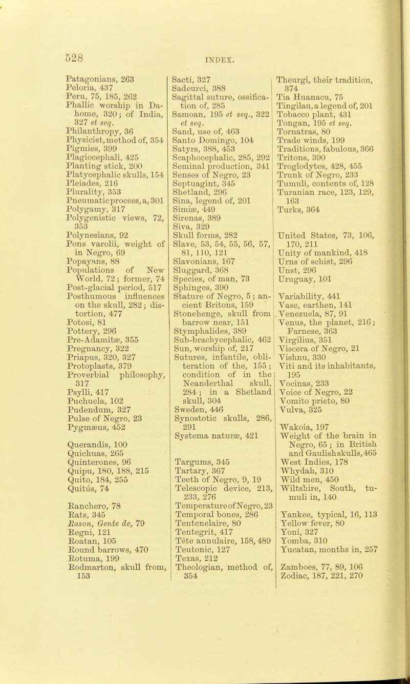 Patagonians, 263 Peloria, 437 Peru, 75, 185, 262 Phallic worship in Da- home, 320 J of India, 327 et seq. Philanthropy, 36 Physicist, method of, 354 Pigmies, 399 Plagiocephali, 425 Planting stick, 200 Platycexjhalic skvdls, 154 Pleiades, 216 Plm-ality, 353 Pneumaticprocess, a, 301 Polygamy, 317 Polygenistic views, 72, 353 Polynesians, 92 Pons varolii, weight of in Negro, 69 Popayans, 88 Populations of New World, 72; former, 74 Post-glacial period, 517 Posthumous influences on the skull, 282; dis- tortion, 477 Potosi, 81 Pottery, 296 Pre-AdamitsB, 355 Pregnancy, 322 Priapus, 320, 327 Protoplasts, 379 Proverbial philosophy, 317 PsylU, 417 Puchuela, 102 Pudendum, 327 Pulse of Negro, 23 Pygmseus, 452 Querandis, 100 Quichuas, 265 Quinterones, 96 Quipu, 180, 188, 215 Quito, 184, 255 Quitus, 74 Eanchero, 78 Eats, 345 Eazon, Gente de, 79 Eegni, 121 Eoatan, 105 Eound barrows, 470 Eotuma, 199 Eodmarton, skull from, 153 Sacti, 327 Sadourci, 388 Sagittal suture, ossifica- tion of, 285 Samoan, 195 et seq., 322 et seq. Sand, use of, 463 Santo Domingo, 104 Satyrs, 388, 453 Seaphocephalic, 285, 292 Seminal production, 341 Senses of Negro, 23 Septuagint, 345 Shetland, 296 Sina, legend of, 201 SimifE, 449 Sirenas, 389 Siva, 329 Skull forms, 282 Slave, 53, 54, 55, 56, 57, 81, 1]0, 121 Slavonians, 167 Sluggard, 368 Species, of man, 73 Sphinges, 390 Stature of Negro, 5; an- cient Britons, 159 Stonehenge, skull from barrow neai', 151 Stymphalides, 389 Sub-brachycephalic, 462 Sun, worship of, 217 Sutm-es, infantile, obli- teration of the, 155; condition of in the Neanderthal skull, 284; in a Shetland skuU, 304 Sweden, 446 Synostotic skulls, 286, 291 Systema naturae, 421 Targums, 345 Tartary, 367 Teeth of Negro, 9, 19 Telescopic device, 213, 233, 276 Temperatm-e of Negro, 23 Temporal bones, 286 Tentenelau'e, 80 Tentegrit, 417 Tete annulaii'e, 158,489 Teutonic, 127 Texas, 212 Theologian, method of, 354 Theurgi, then- tradition, 374 Tia Huanacu, 75 TingUau, a legend of, 201 Tobacco plant, 431 Tongan, 195 et seq. Tornatras, 80 Trade winds, 199 Traditions, fabulous, 366 Tritons, 390 Troglodytes, 428, 455 Trunk of Negro, 233 Tumuli, contents of, 128 Turanian race, 123, 129, 163 Tui-ks, 364 United States, 73, 106, 170, 211 Unity of mankind, 418 Urns of schist, 296 Unst, 296 Uruguay, 101 Variability, 441 Vase, earthen, 141 Venezuela, 87, 91 Venus, the planet, 216; Parnese, 363 Virgilius, 351 Viscera of Negro, 21 Vishnu, 330 Viti and its inhabitants, 195 Vocinas, 233 Voice of Negro, 22 Vomito prieto, 80 Vulva, 325 Wakoia, 197 Weight of the brain in Negi-o, 65 ; in British and Gatdish skulls, 465 West Indies, 178 Whydah, 310 Wild men, 450 Wiltshii'e, South, tu- muli in, 140 Yankee, typical, 16, 113 Yellow fever, 80 Yoni, 327 Yomba, 310 Yucatan, months in, 257 Zamboes, 77, 89, 106 Zodiac, 187, 221, 270