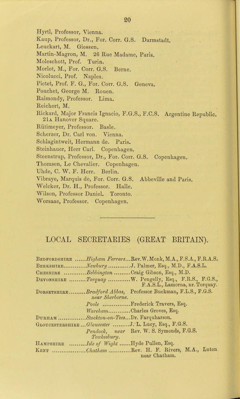 Hyrtl, Professor, Vienna. Kaup, Professor, Dr., For. Corr. G.S. Darmstadt. Leuckart, M. Giessen. Martin-Magron, M. 26 Rue Madame, Paris. Moleschott, Prof. Turin. Morlot, M., For. Corr, G.S. Berne. Nicolucci, Prof. Naples. Pictet, Prof. F. G., For. Corr. G.S. Geneva. Pouchet, George M. Rouen. Raimondy, Professor. Lima. Reichert, M. Rickard, Major Francis Ignacio, F.G.S., F.C.S. Argentine Republic. 21a Hanover Square. Riitimeyer, Professor. Basle. Scherzer, Dr. Carl von. Vienna. Schlagintweit, Hermann de. Paris. Steinhauer, Herr Carl. Copenhagen. Steenstrup, Professor, Dr., For. Corr. G.S. Copenhagen. Thomsen, Le Chevalier. Copenhagen. Uhde, C. W. F. Herr. Berlin. Vibraye, Marquis de. For. Corr. G.S. Abbeville and Paris. Welcker, Dr. H., Professor. Halle. Wilson, Professor Daniel. Toronto. Worsaae, Professor. Copenhagen. LOCAL SECEETARIES (GREAT BEITAIN). Bedfordshire Higham i^errars...Rev.W.Monk, M.A., F.S.A., F.R.A.S. Berkshire Newbury J. Palmer, Esq., M.D., F.A.S.L. Cheshire Behbington Craig Gibson, Esq., M.D. Devonshire Torquay W. Pengelly, Esq., F.R.S., F.G.S., F.A.S.L., Lamorna, nr. Torquay. Dorsetshire Bradford Abbas, Professor Buckman, F.L.S., F.G.S. near Sherborne. Poole Frederick Travers, Esq. Wareham Charles Groves, Esq. Durham Stockton-on-Tees...Dr. Farquharson. Glouoestebshire ... CZowces^er J.'L. Lucy, Esq., F.G.S. Pendoch, near Rev. W. S. Symonds, F.G.S. Tewkesbury. IIampshire Isle of Wight Hyde Pullen, Esq. Kent Chatham Rev. H. F. Rivers, M.A., Luton near Chatham.