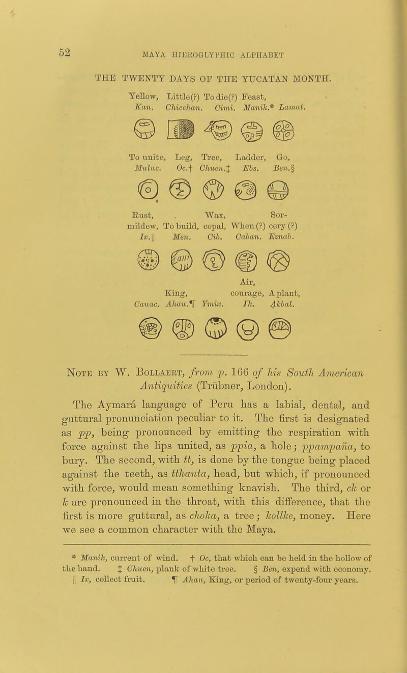 THE TWENTY DAYS OP THE YUCATAN MONTH. Yellow, Little(?) Todie(?) Feast, Kan. Chicchan. Cimi. Manilc* Lomat. To unite, Leg, Tree, Ladder, Go, Muluc. Oc.f Chuen.% Ebs. Ben.§ Eust, . Wax, Sor- mildew, To build, copal, Whon(?) eery (?) Ix.\\ Men. Cib. Caban. Eznab. Air, King, courage, A plant, Cauac. Ahau.'H Ymix. lie. Akbal. Note by W. Bollaeet, from p. 166 of Ids South American Antiquities (Trubner, London). The Ayinara language of Peru has a labial, dental, and guttural pronunciation peculiar to it. The first is designated as pp, being pronounced by emitting the respiration with force against the lips united, as ppia, a hole; ppampana, to bury. The second, with tt, is done by the tongue being placed against the teeth, as tthanta, head, but which, if pronounced with force, would mean something knavish. The third, ch or h are pronounced in the throat, with this difference, that the first is more guttural, as choJca, a tree; hollke, money. Here we see a common character with the Maya. * Manilc, current of wind, f Oc, that which can be held in the hollow of the hand. J Chuen, plank of white tree. § -Beit, expend with economy. || Ix, collect fruit. ^[ Ahan, King, or period of twenty-four years.