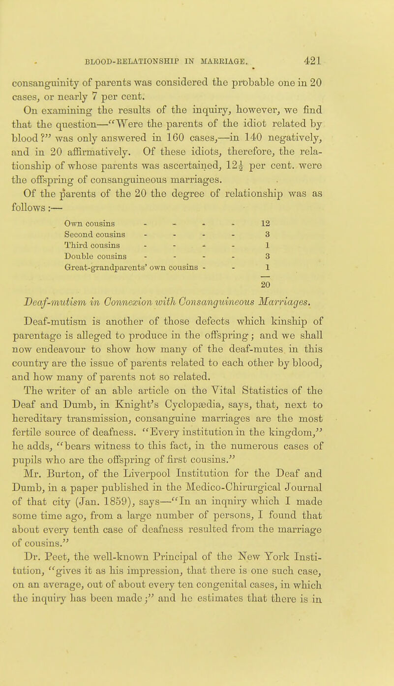 consanguinity of parents was considered the probable one in 20 cases, or nearly 7 per cent. On examining the results of the inquiry, however, we find that the question—Were the parents of the idiot related by blood? was only answered in 160 cases,—in 140 negatively, and in 20 affirmatively. Of these idiots, therefore, the rela- tionship of whose parents was ascertained, 12^ per cent, were the offspring of consanguineous marriages. Of the parents of the 20 the degree of relationship was as follows:— Own cousins 12 Second cousins - 3 Third cousins - 1 Double cousins .... 3 Great-grandparents' own cousins - - 1 20 Deaf-mutism in Connexion with Consanguineous Marriages. Deaf-mutism is another of those defects which kinship of parentage is alleged to produce in the offspring; and we shall now endeavour to show how many of the deaf-mutes in this country are the issue of parents related to each other by blood, and how many of parents not so related. The writer of an able article on the Vital Statistics of the Deaf and Dumb, in Knight's Cyclopaedia, says, that, next to hereditary transmission, consanguine marriages are the most fertile source of deafness. Every institution in the kingdom, he adds, bears witness to this fact, in the numerous eases of pupils who are the offspring of first cousins. Mr. Burton, of the Liverpool Institution for the Deaf and Dumb, in a paper published in the Medico-Chirurgical Journal of that city (Jan. 1859), says—In an inquiry which I made some time ago, from a large number of persons, I found that about every tenth case of deafness resulted from the marriage of cousins. Dr. Peet, the well-known Principal of the New York Insti- tution, gives it as his impression, that there is one such case, on an average, out of about every ten congenital cases, in which the inquiry has been made; and he estimates that there is in