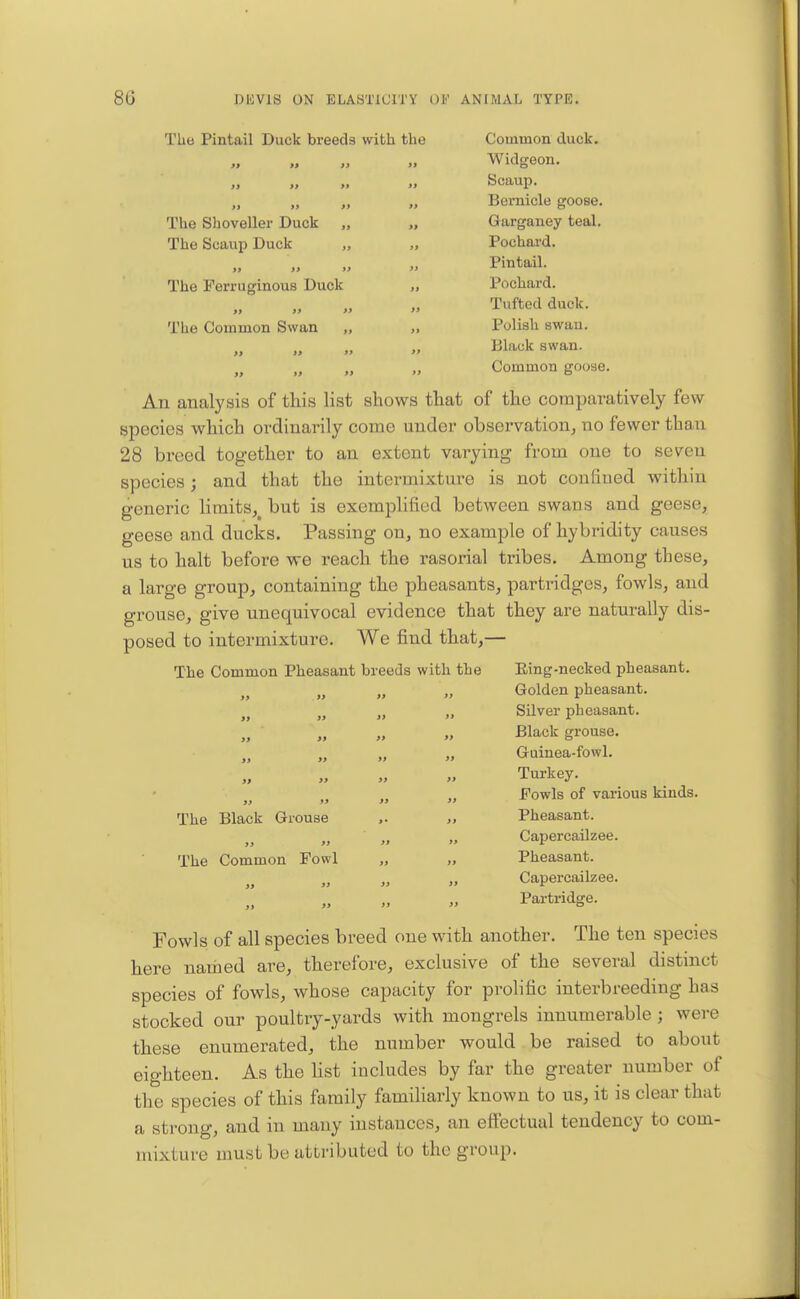 The Pintail Duck breeds with the The Shoveller Duck The Scaui^ Duck The Ferruginous Duck The Common Swan , Common duck. Widgeon. Scaup. Bernicle goose. Garganey teal. Pochai'd. Pintail. Pochard. Tufted duck. Polish swau. Black swan. Common goose. An analysis of this list shows that of the comparatively few species which ordinarily come under observation^ no fewer than 28 breed together to an extent varying from one to seven species; and that the intermixture is not confined within generic limits^^ but is exemplified between swans and geese, geese and ducks. Passing on, no example of hybindity causes us to halt before we reach the rasorial tribes. Among these, a large group, containing the pheasants, partridges, fowls, and grouse, give unequivocal evidence that they are naturally dis- posed to intermixture. We find that,— The Common Pheasant breeds with the Eing-necked pheasant. „ „ „ Golden pheasant. „ „ „ Silver pheasant. Black grouse. Guinea-fowl. Turkey. „ „ „ Fowls of various kinds. Pheasant. „ „ Capercailzee. „ „ Pheasant. „ „ Capercailzee. Partridge. The Black Grouse >> >> The Common Fowl Fowls of all species breed one with another. The ten species here naiiied are, therefore, exclusive of the several distinct species of fowls, whose capacity for prolific interbreeding has stocked our poultry-yards with mongrels innumerable ; were these enumerated, the number would be raised to about eighteen. As the hst includes by far the greater number of the species of this family famiharly known to us, it is clear that a strong, and in many instances, an effectual tendency to com- mixture must be attributed to the group.